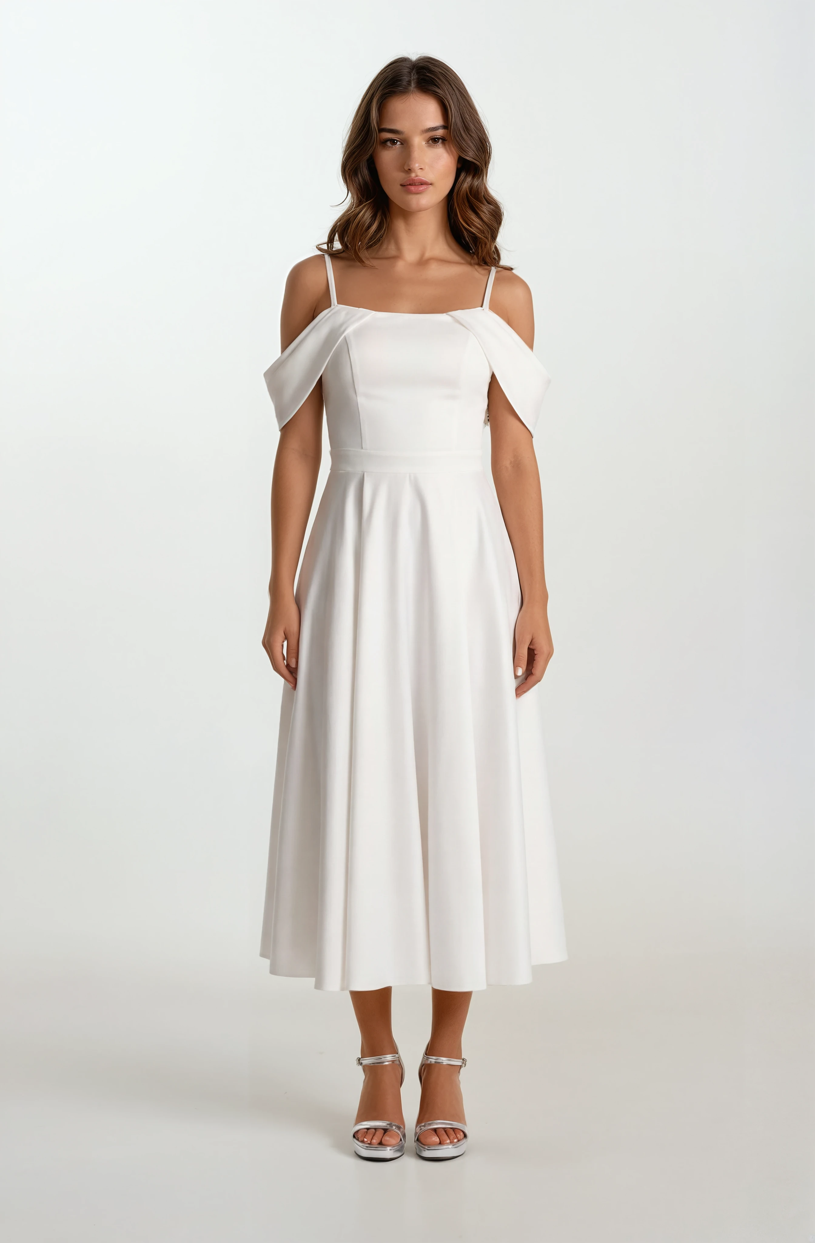 Orfemia Askılı Düşük Kol Kloş Uzun Abiye Elbise EKRU