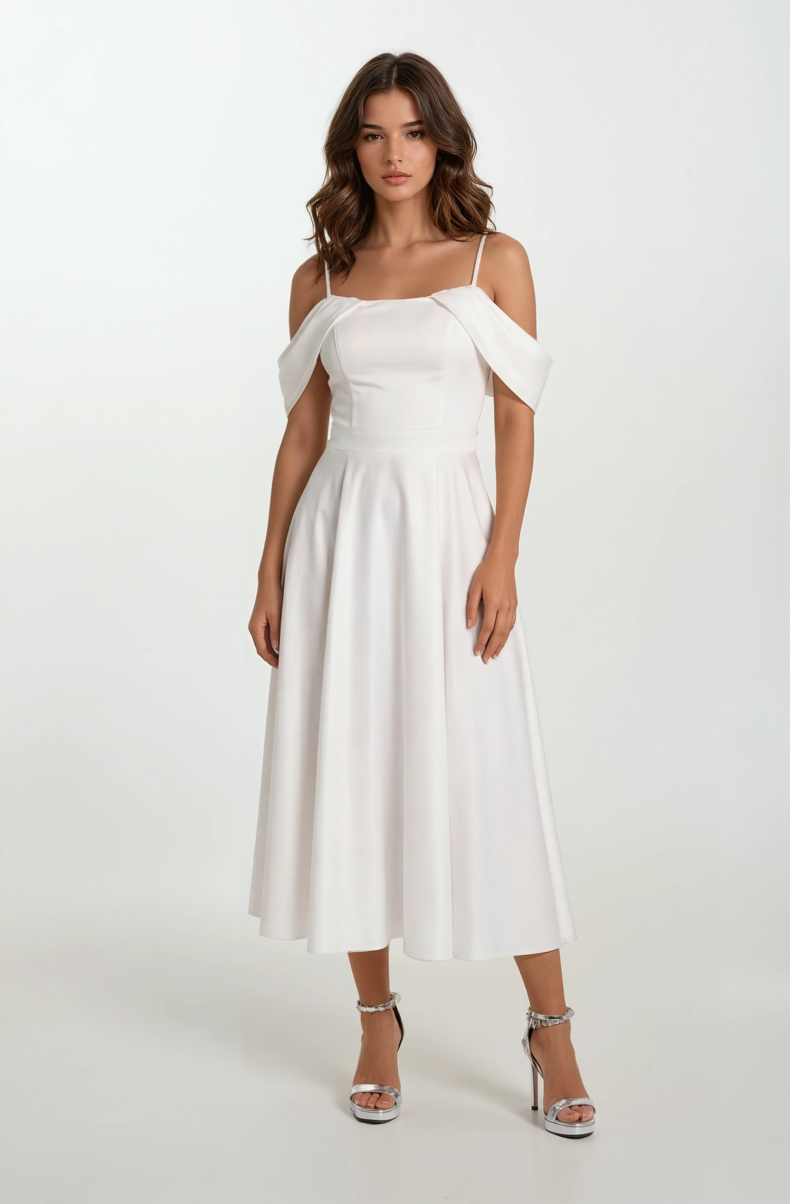 Orfemia Askılı Düşük Kol Kloş Uzun Abiye Elbise EKRU