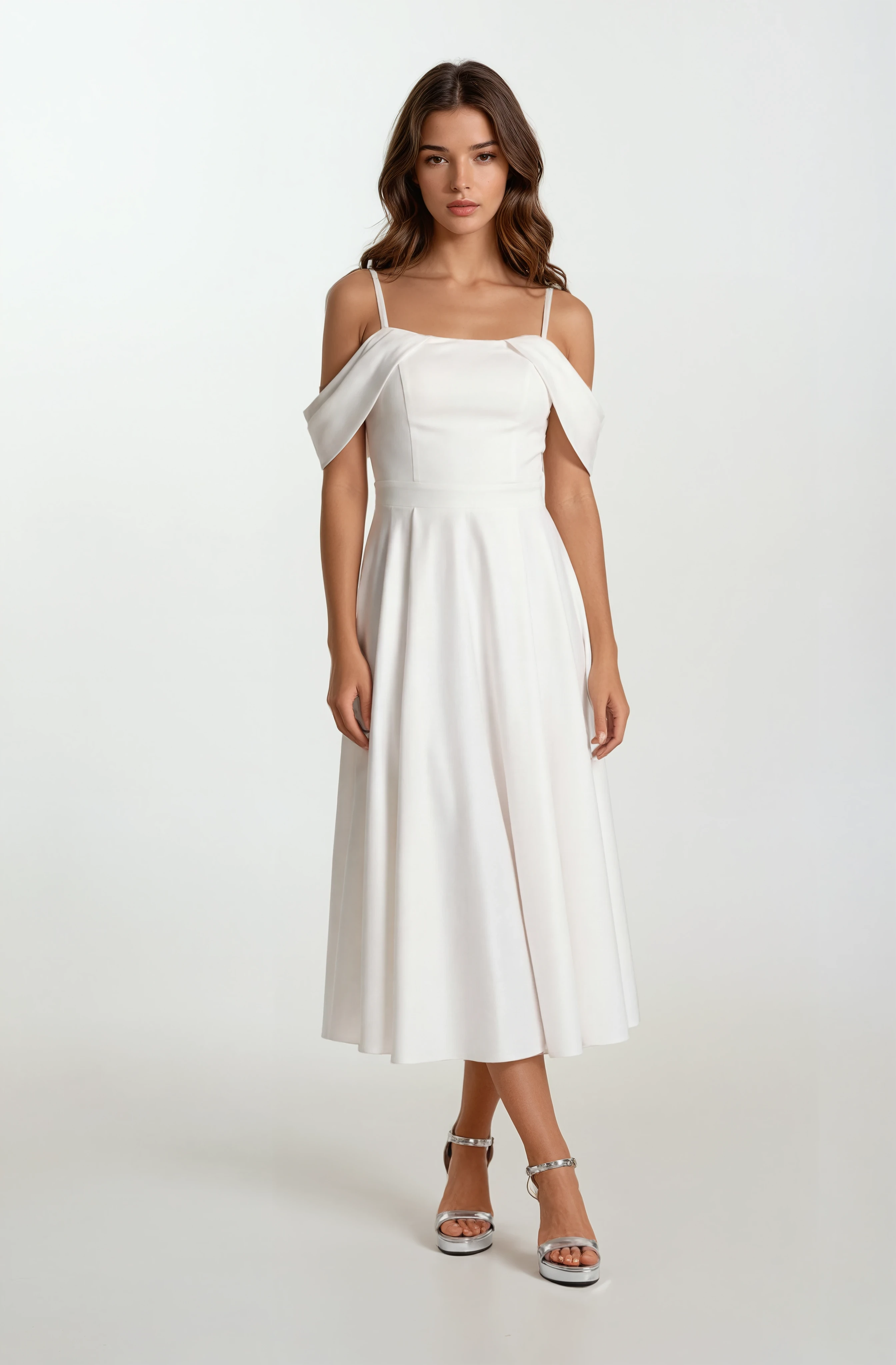 Orfemia Askılı Düşük Kol Kloş Uzun Abiye Elbise EKRU