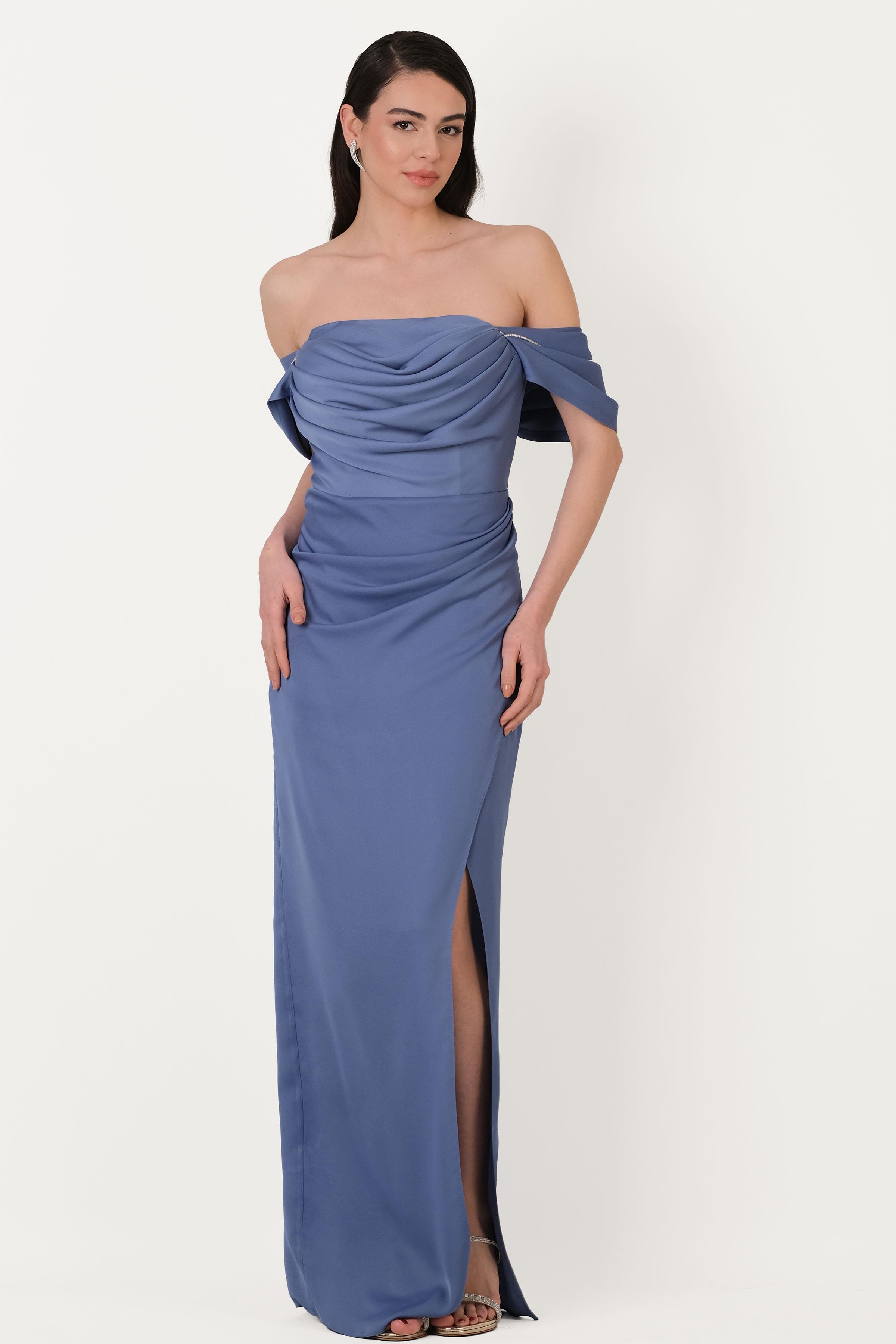 Orfina Straplez Düşük Kol Bel Dpaeli Uzun Abiye Elbise İNDİGO