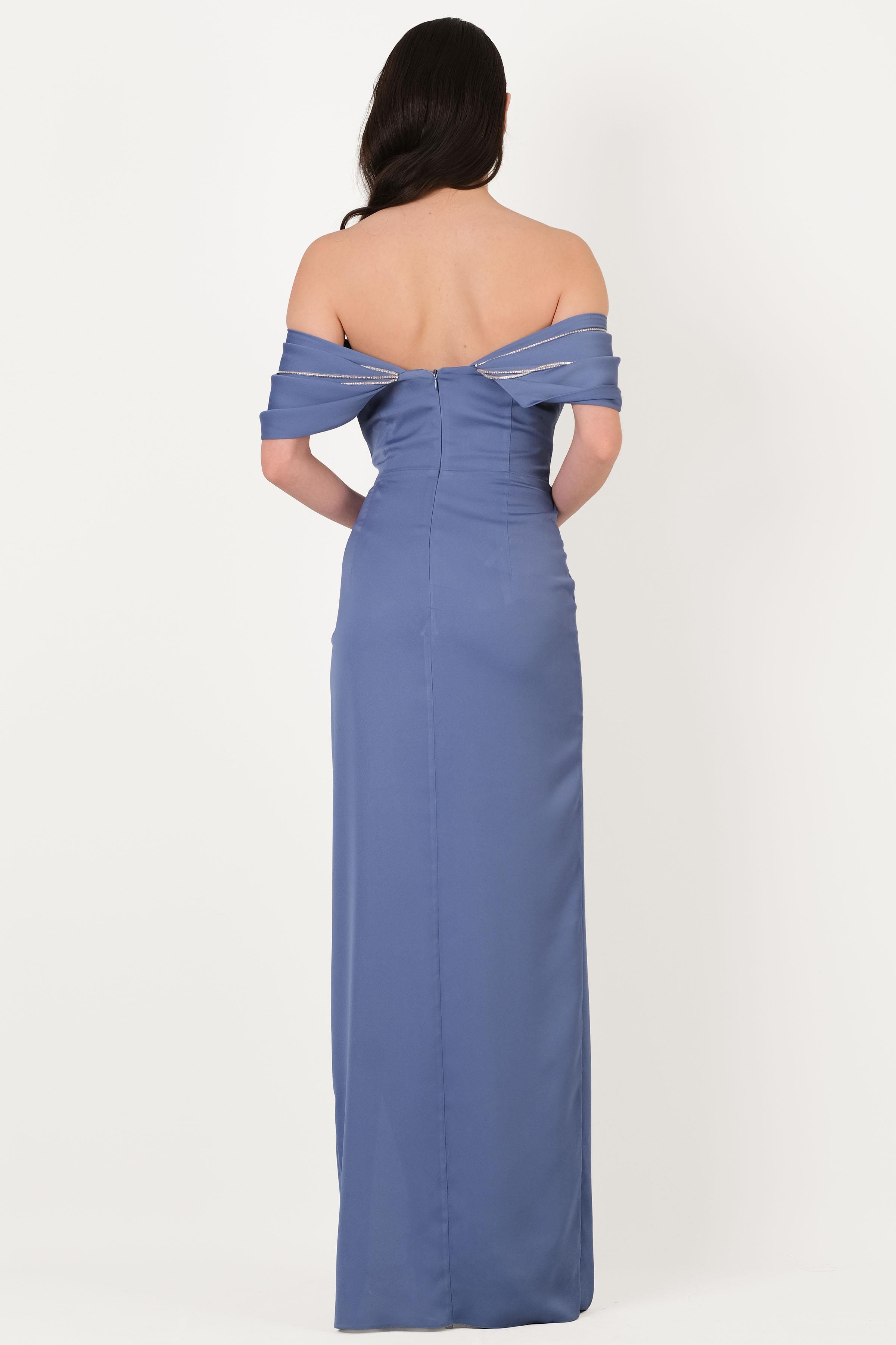 Orfina Straplez Düşük Kol Bel Dpaeli Uzun Abiye Elbise İNDİGO