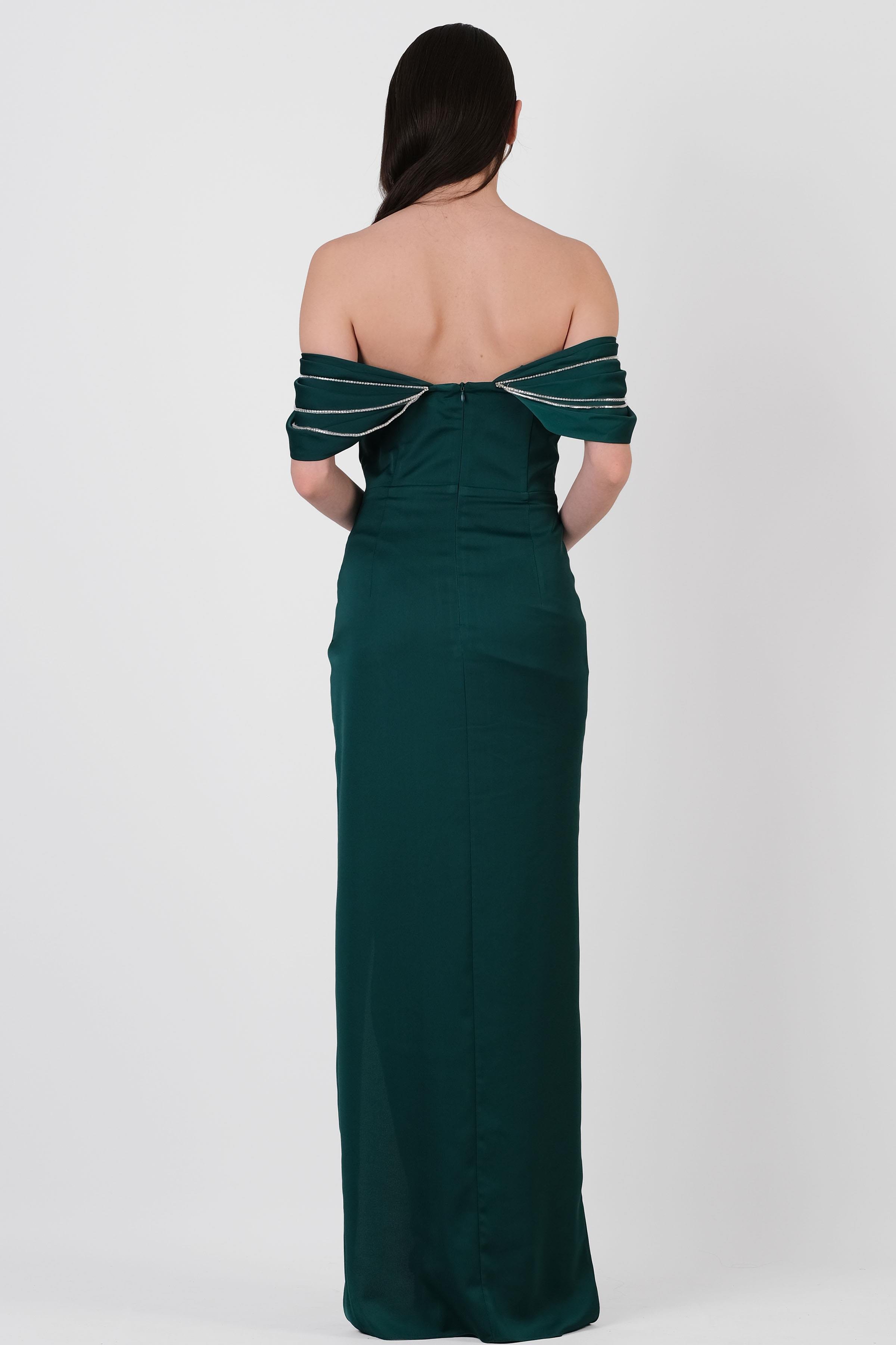 Orfina Straplez Düşük Kol Bel Dpaeli Uzun Abiye Elbise ZÜMRÜT