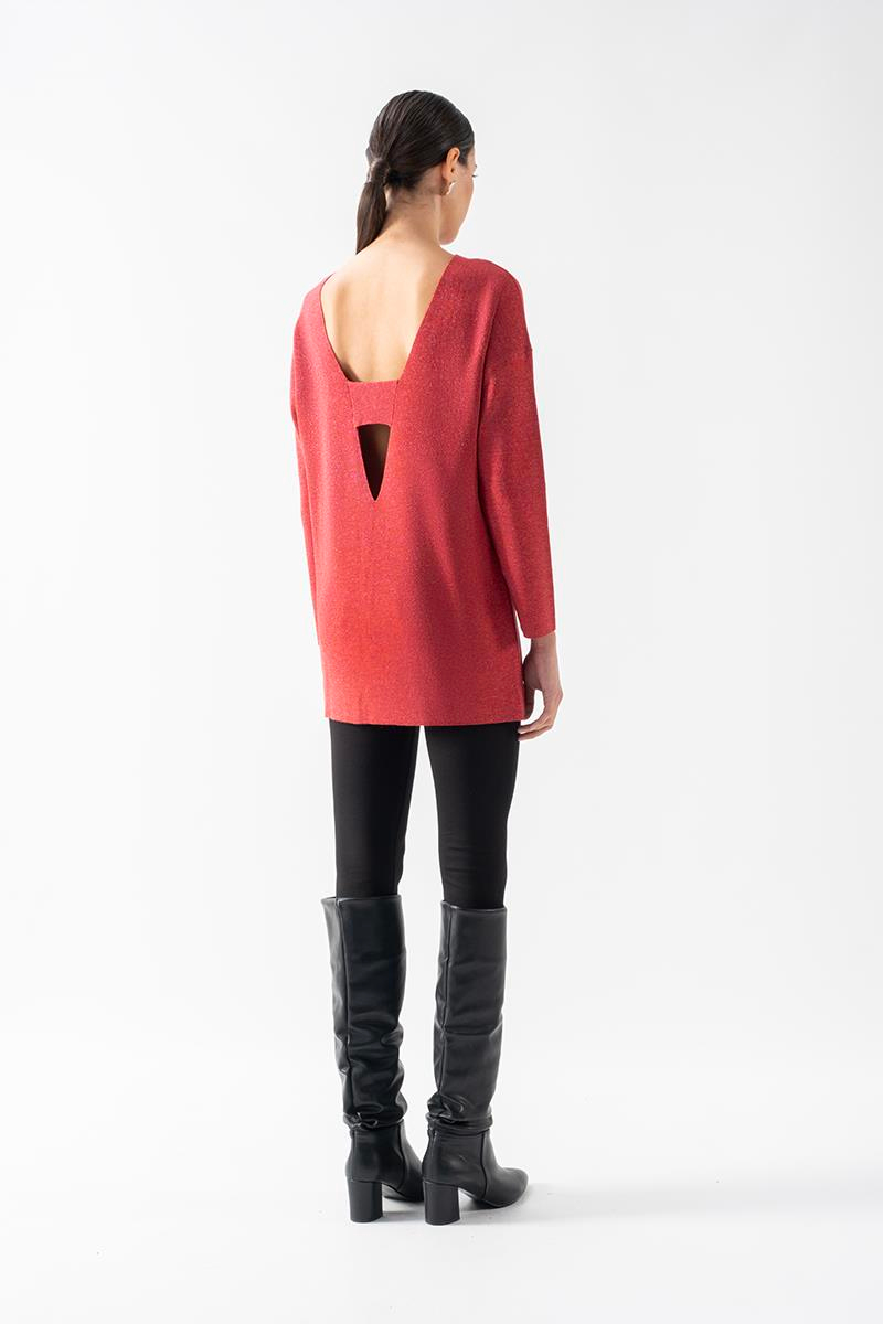 Orianna Yuvarlk Yaka Sırtı V Pencere Detaylı Triko NAR ÇİÇEĞİ