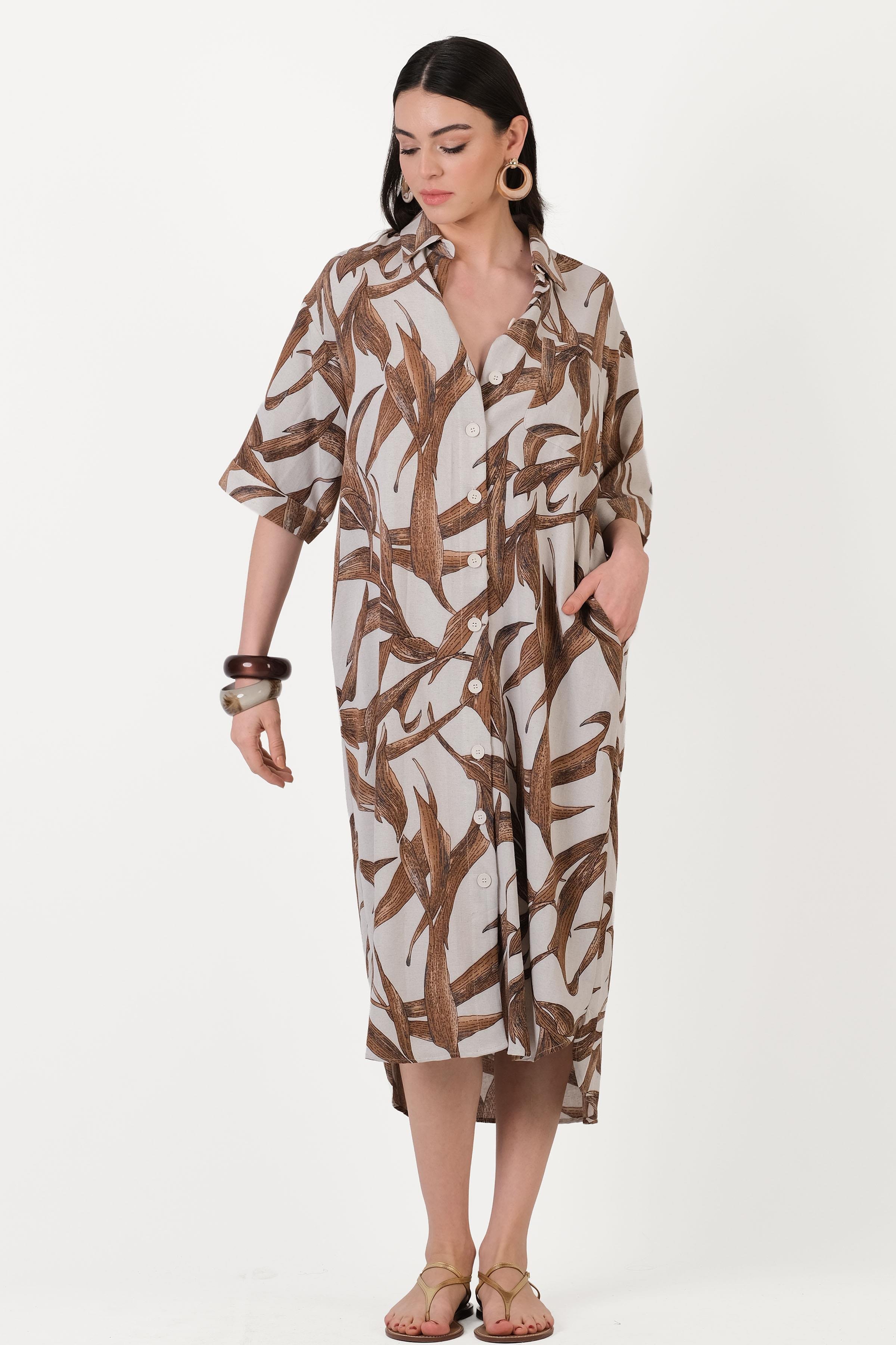 Oriela Gömlek Yaka Önden Düğmeli Salaş Elbise KAHVE