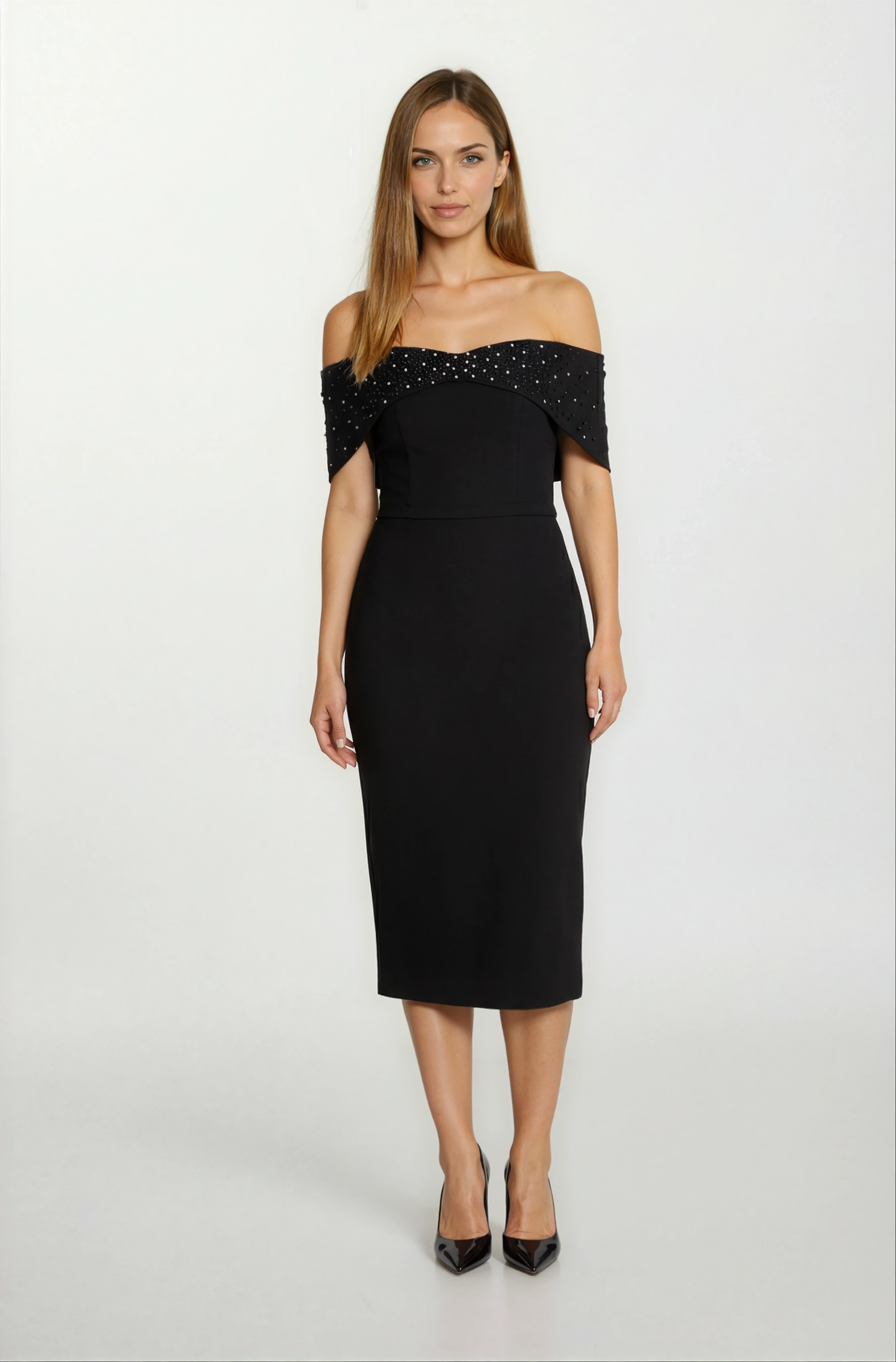 Orielle Düşük Kol Straplez İnci İşlemeli Midi Abiye Elbise SİYAH