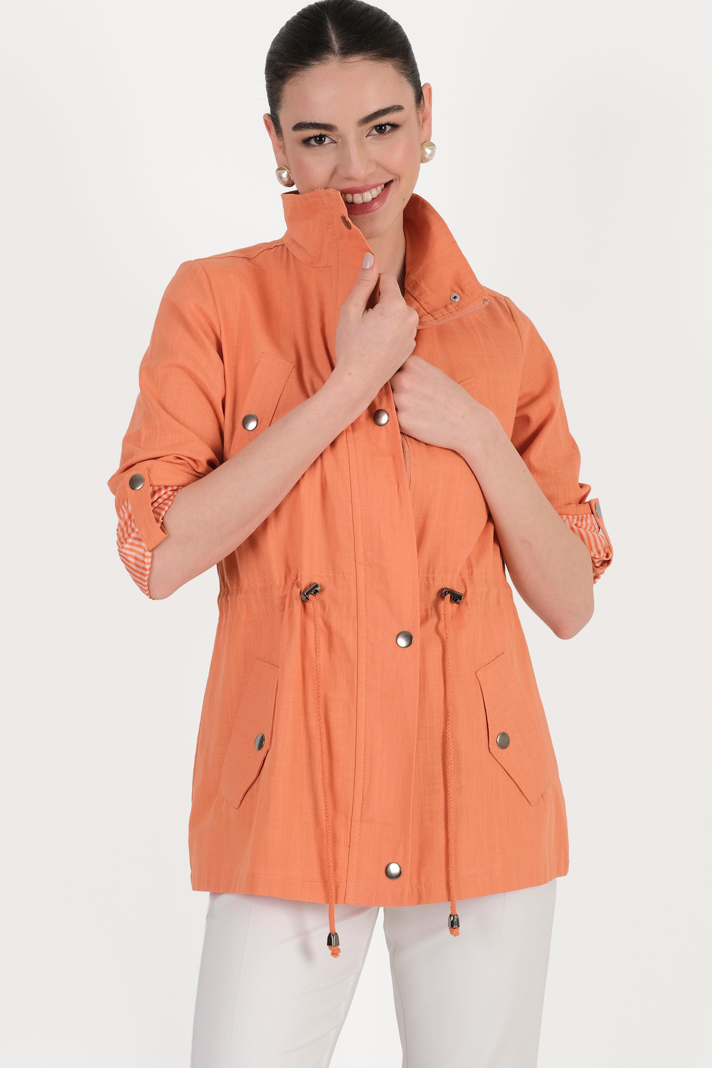 Oriente Dik Yaka Fermuarlı Çıtçıtlı Kaban ORANJ