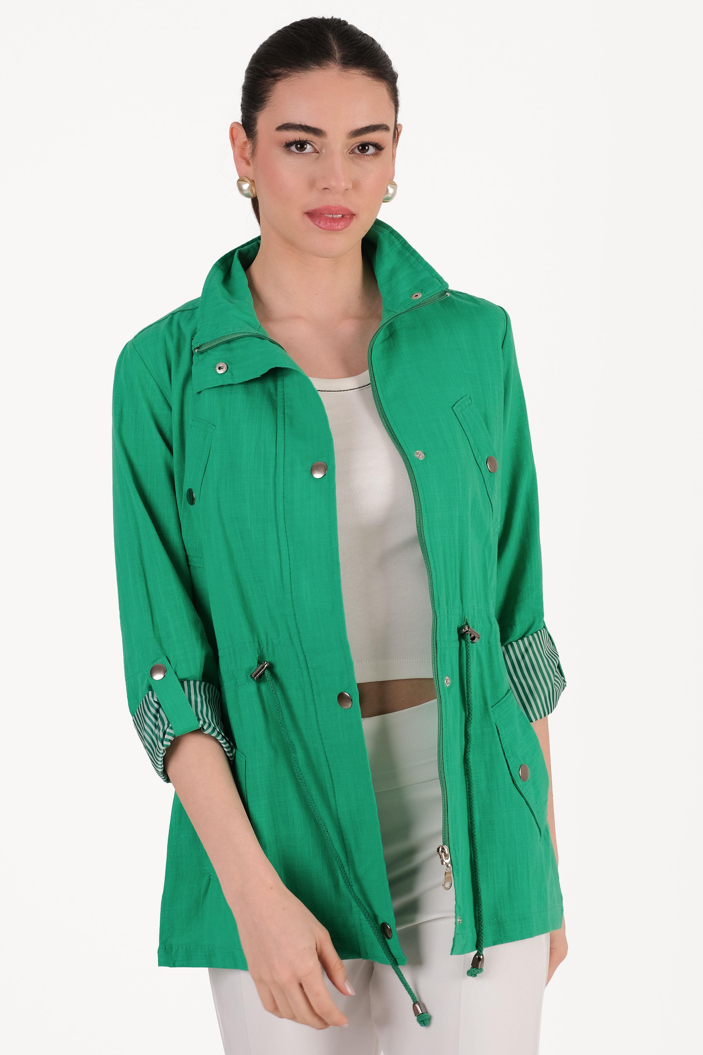 Oriente Dik Yaka Fermuarlı Çıtçıtlı Kaban YEŞİL