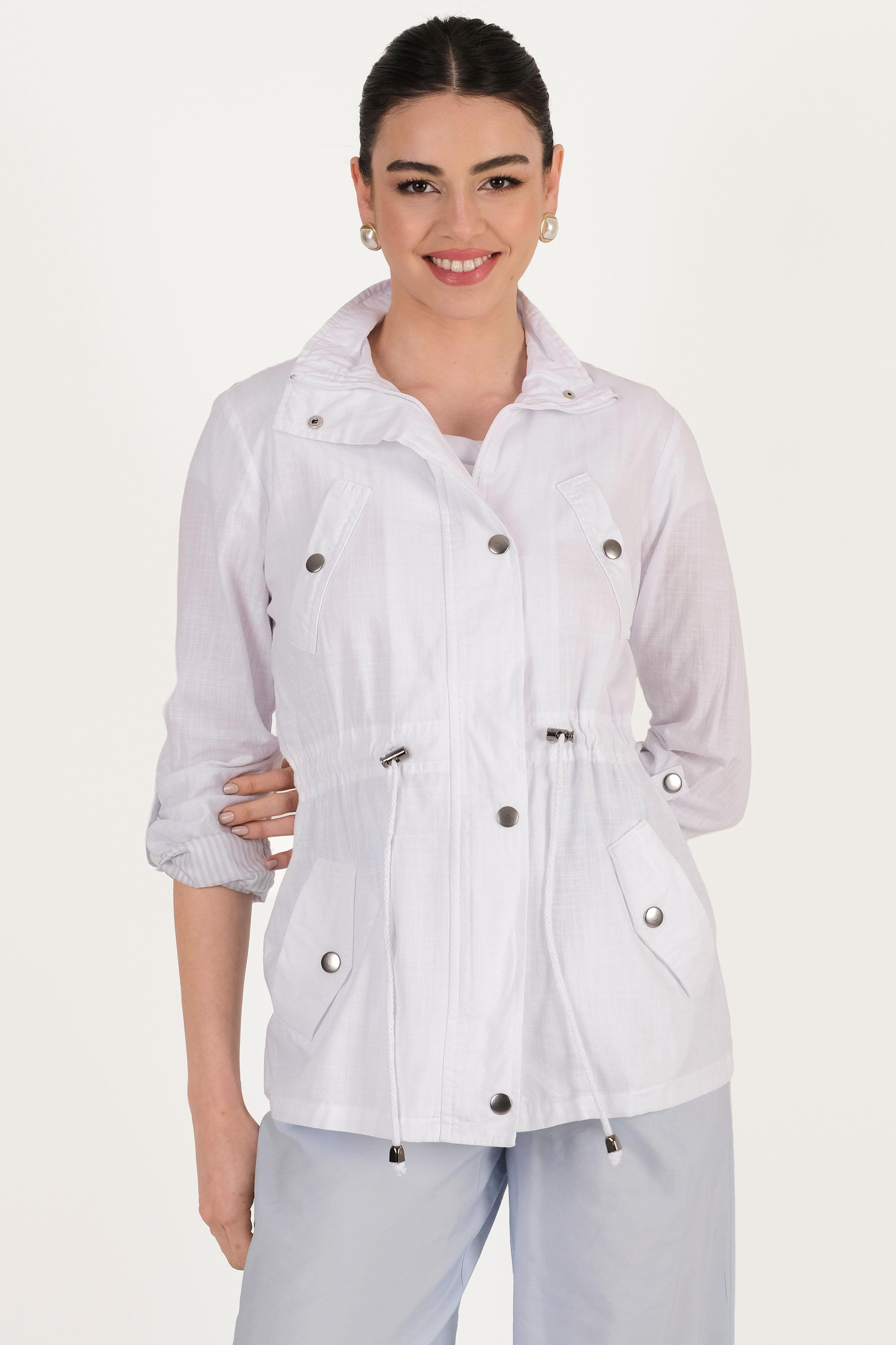 Oriente Dik Yaka Fermuarlı Çıtçıtlı Kaban BEYAZ