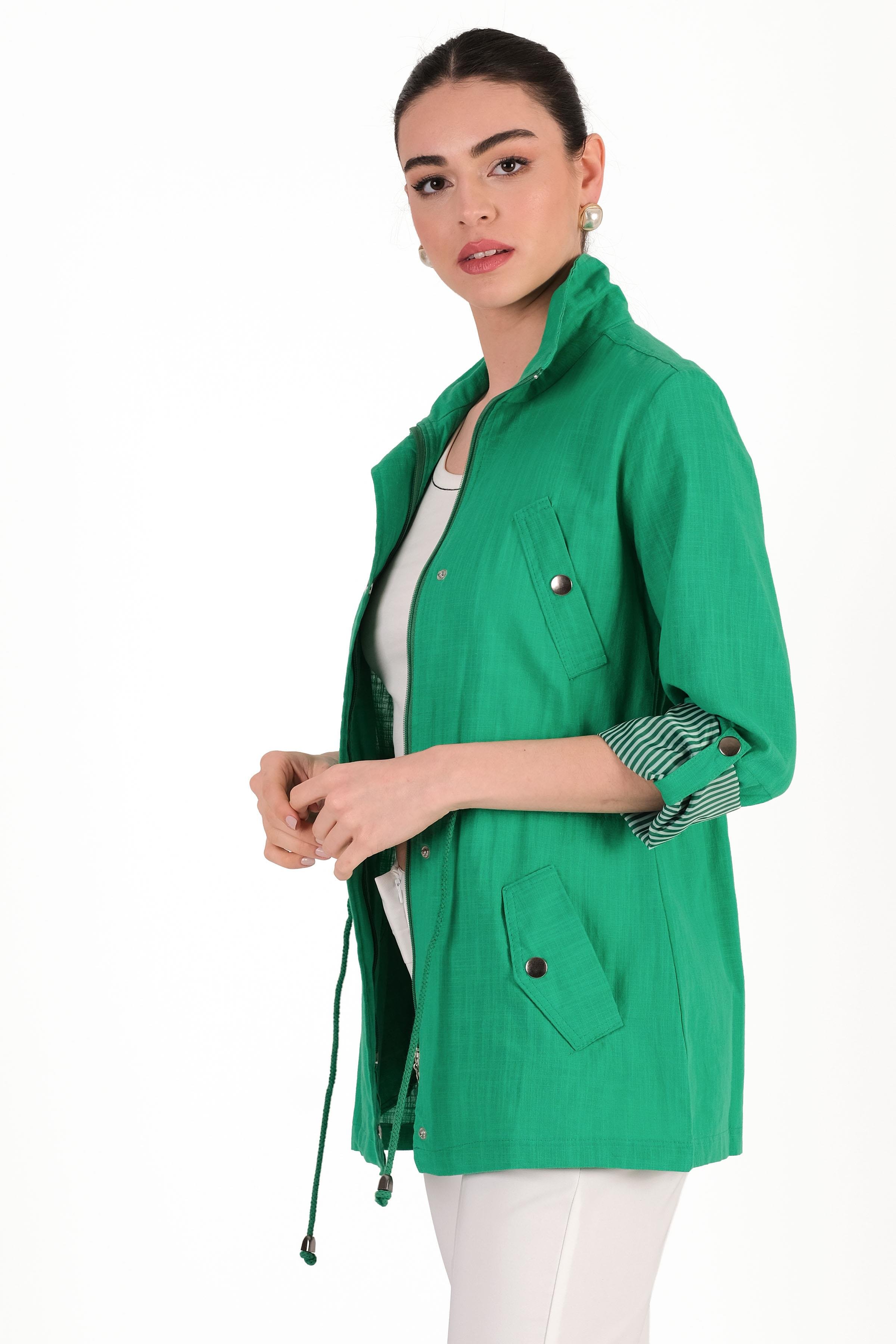 Oriente Dik Yaka Fermuarlı Çıtçıtlı Kaban YEŞİL