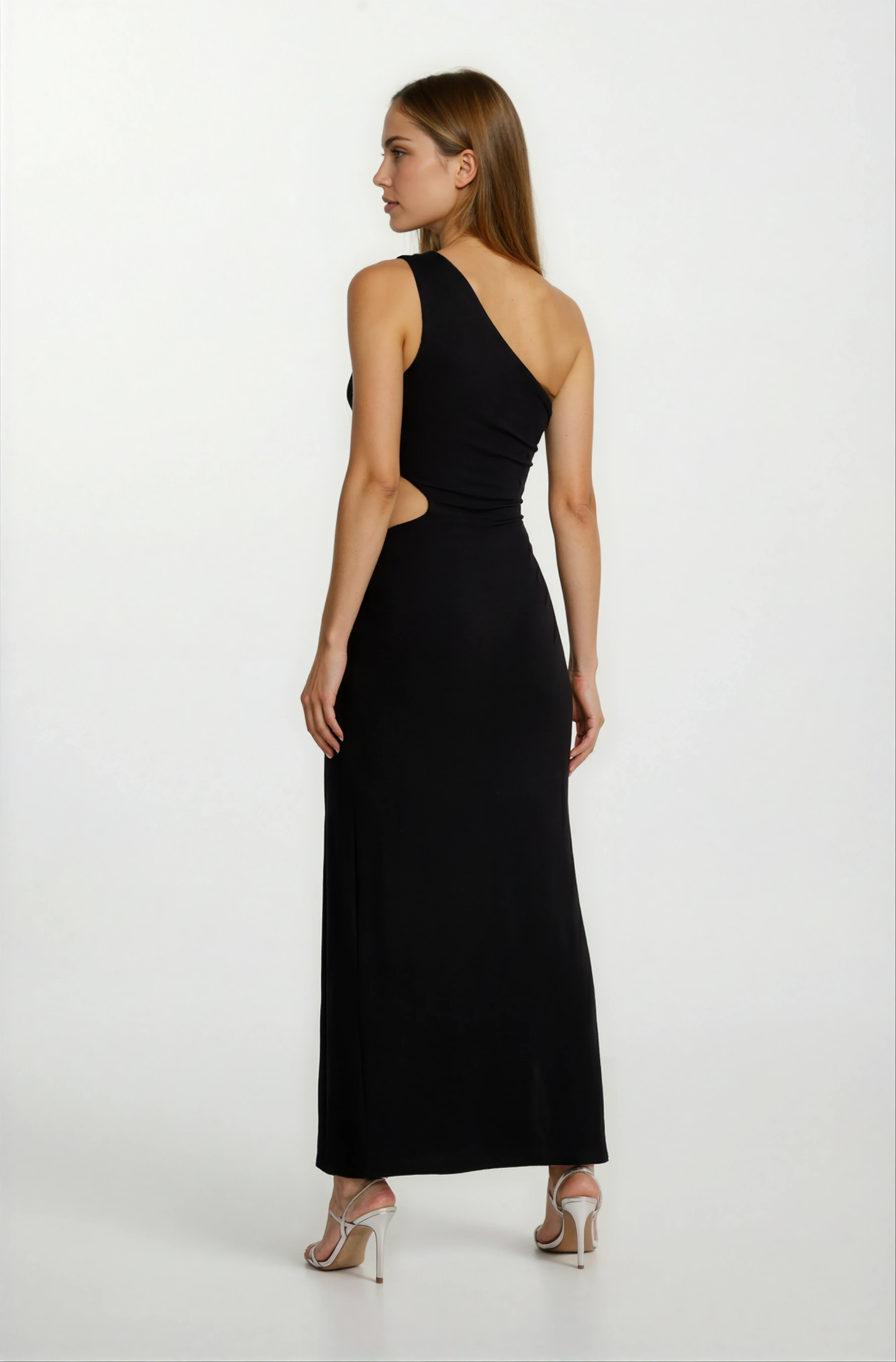 Orindo Tek Omuz Beli Açık Asimetrik Uzun Abiye Elbise SİYAH