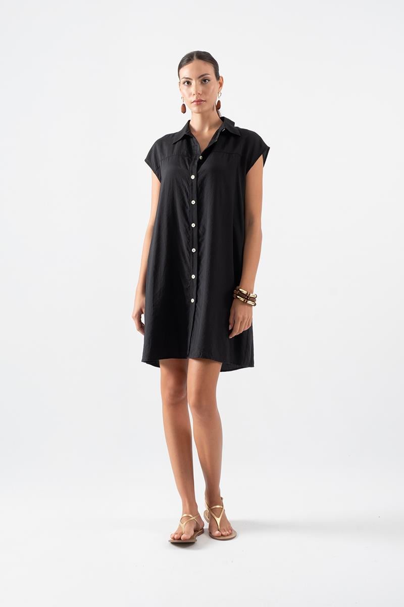 Orlina Gömlek Yaka Önden Düğmeli Salaş Elbise SİYAH