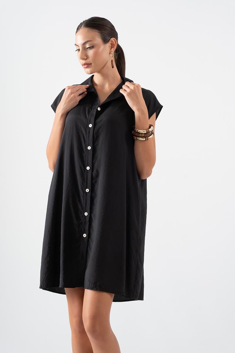 Orlina Gömlek Yaka Önden Düğmeli Salaş Elbise SİYAH