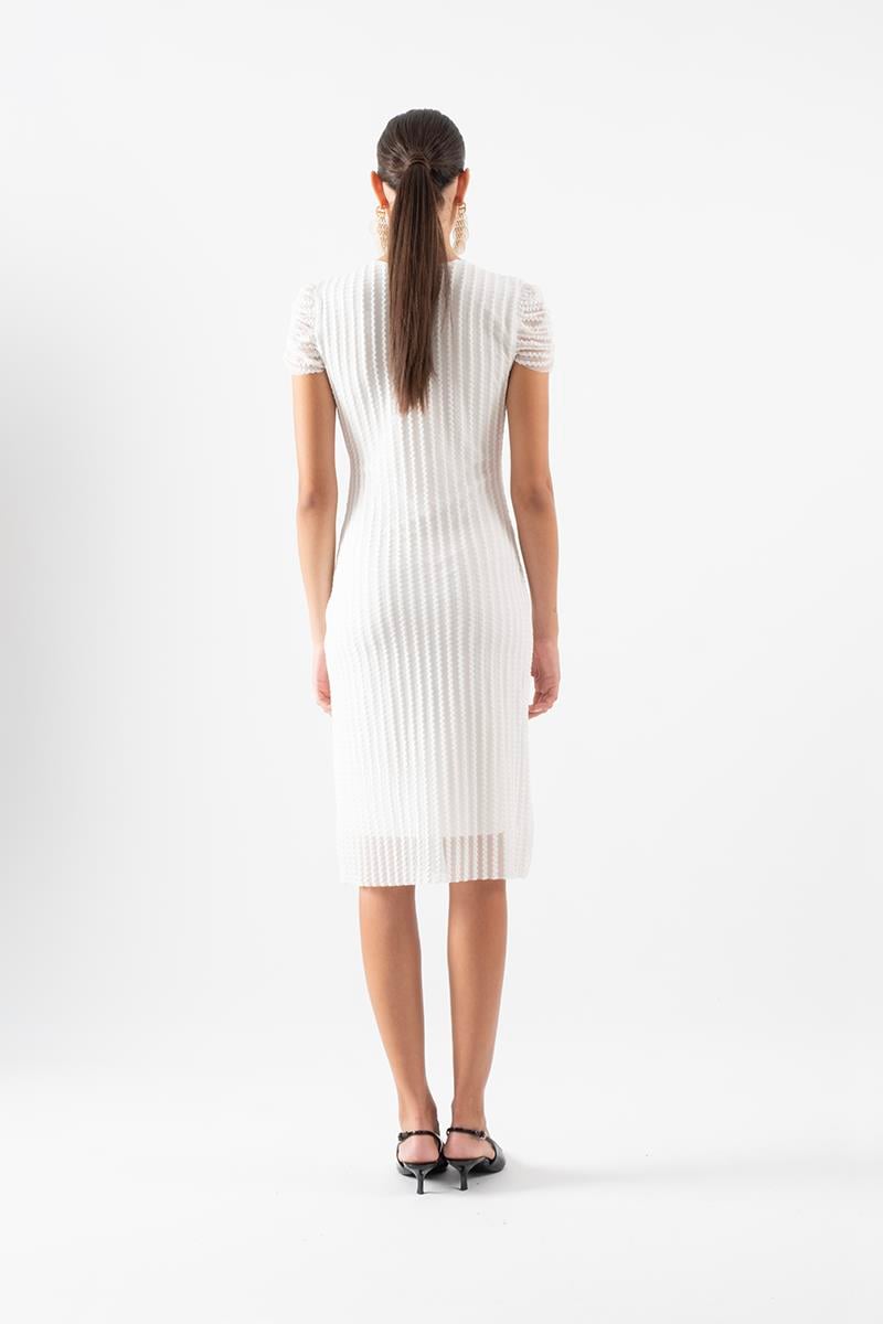 Ormanna V Yaka Beli Düğümlü Kısa Kol Elbise EKRU