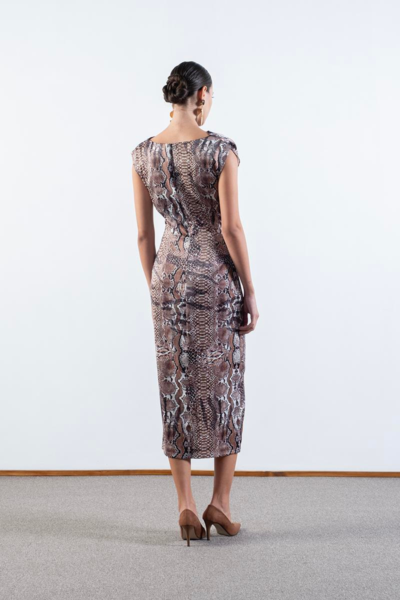 Ormano Degaje Yaka  Kolsuz Belde Düğüm Yırtmaçlı Elbise KAHVE