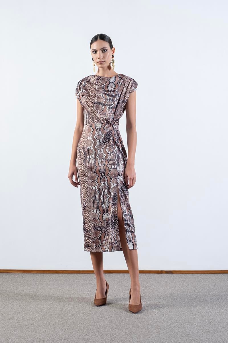 Ormano Degaje Yaka  Kolsuz Belde Düğüm Yırtmaçlı Elbise KAHVE