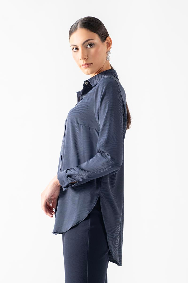 Ormeo Erkek Yaka Zebra Desen Klasik Gömlek LACİVERT