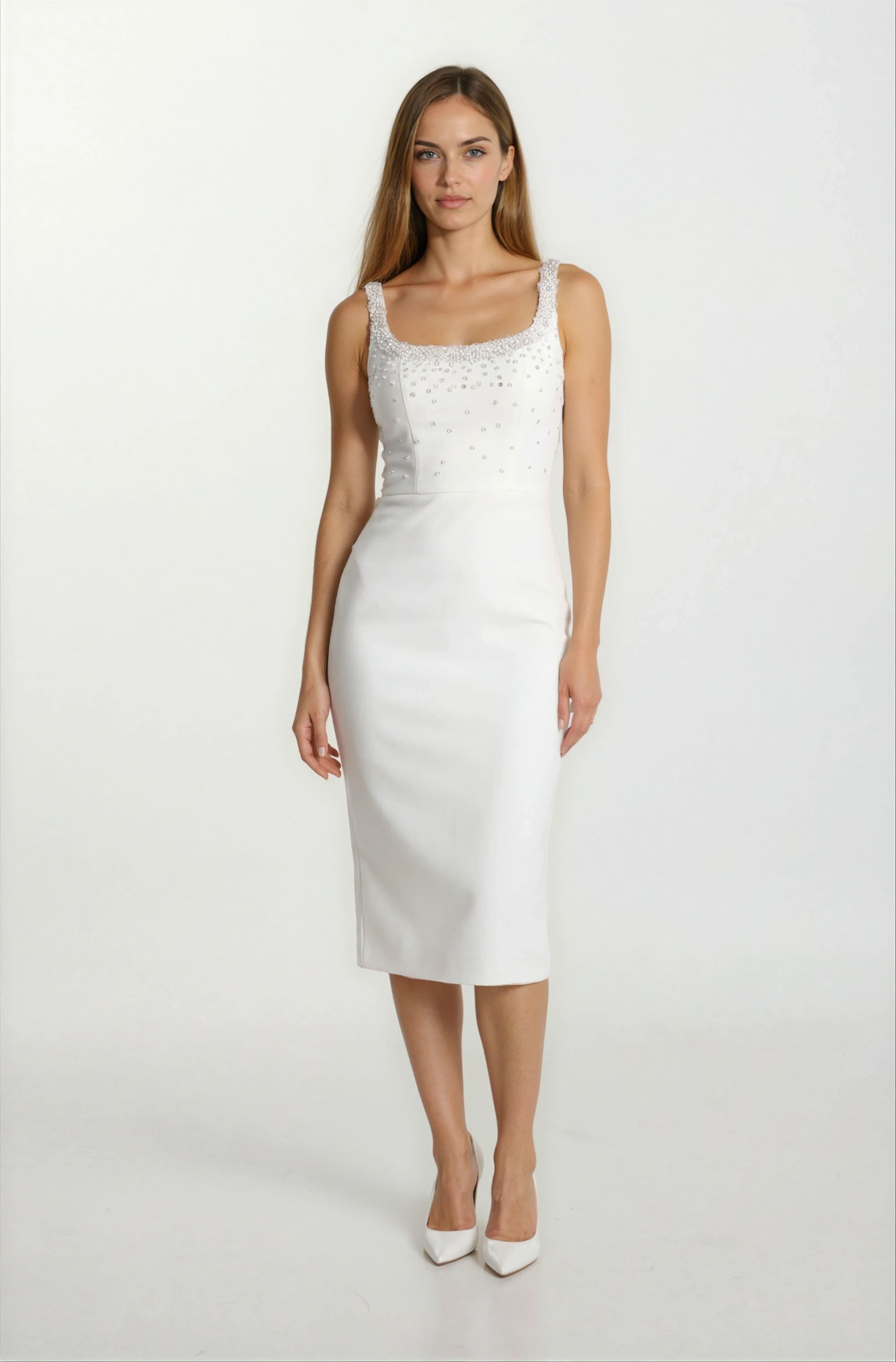 Ormilda Kare Yaka İnci İşlemeli Midi Abiye Elbise EKRU