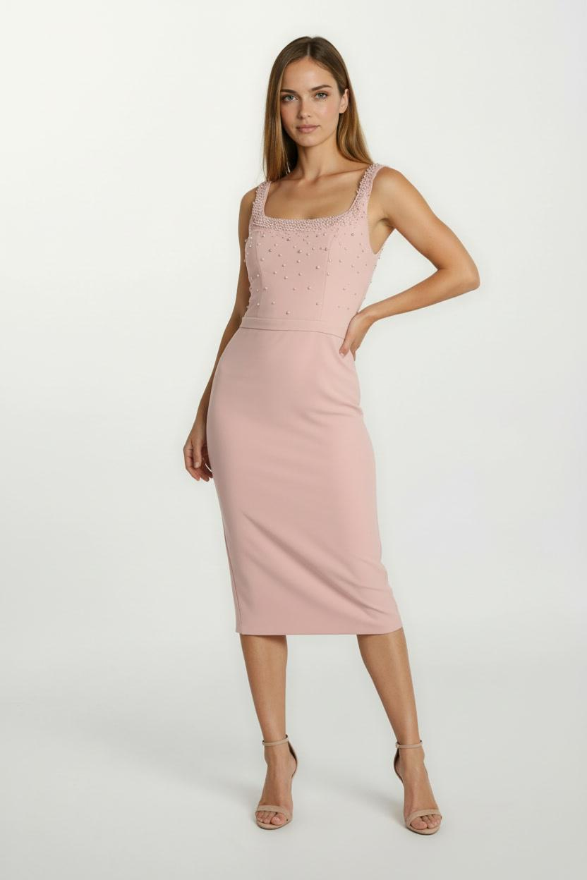 Ormilda Kare Yaka İnci İşlemeli Midi Abiye Elbise PUDRA