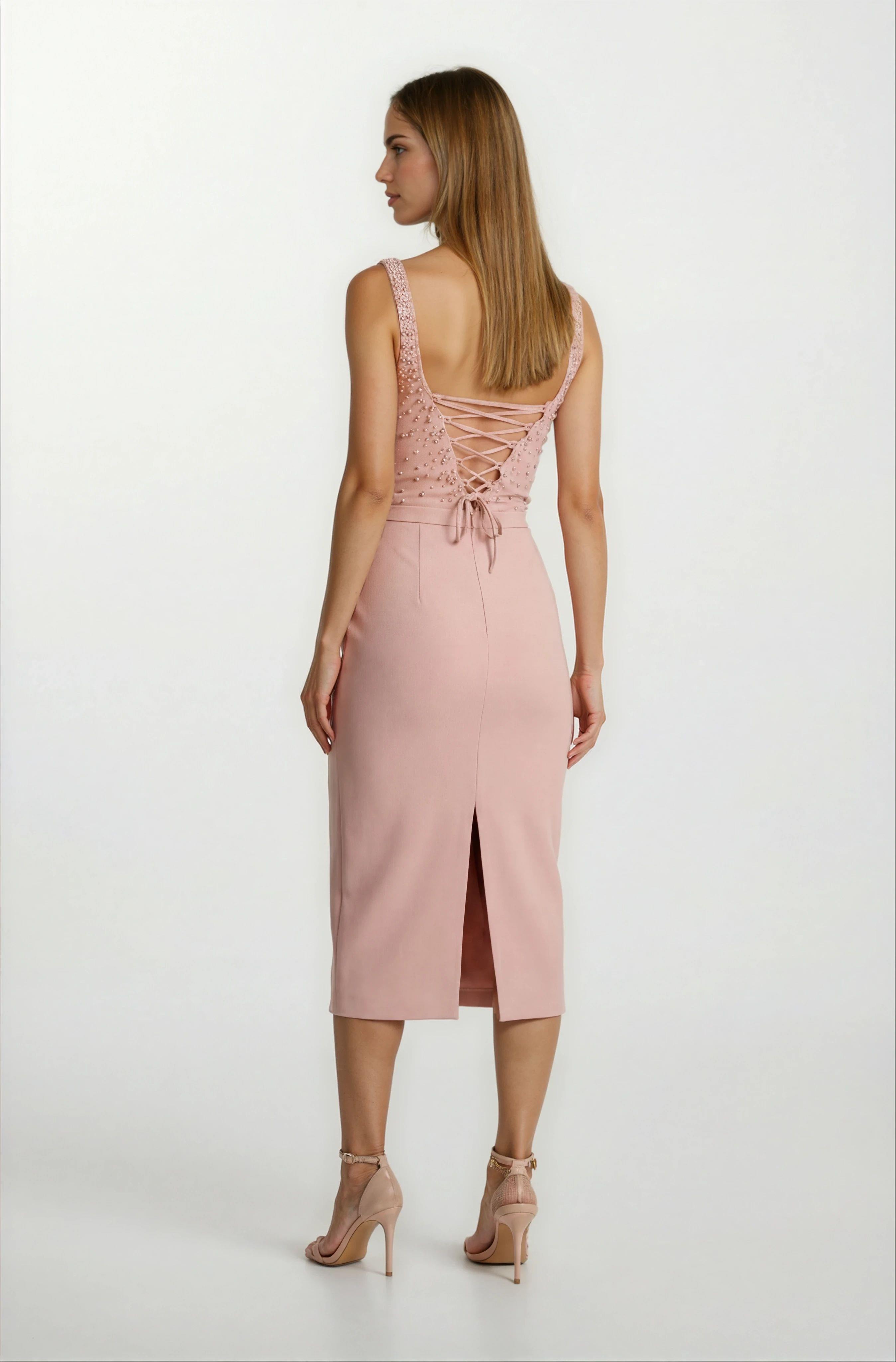 Ormilda Kare Yaka İnci İşlemeli Midi Abiye Elbise PUDRA