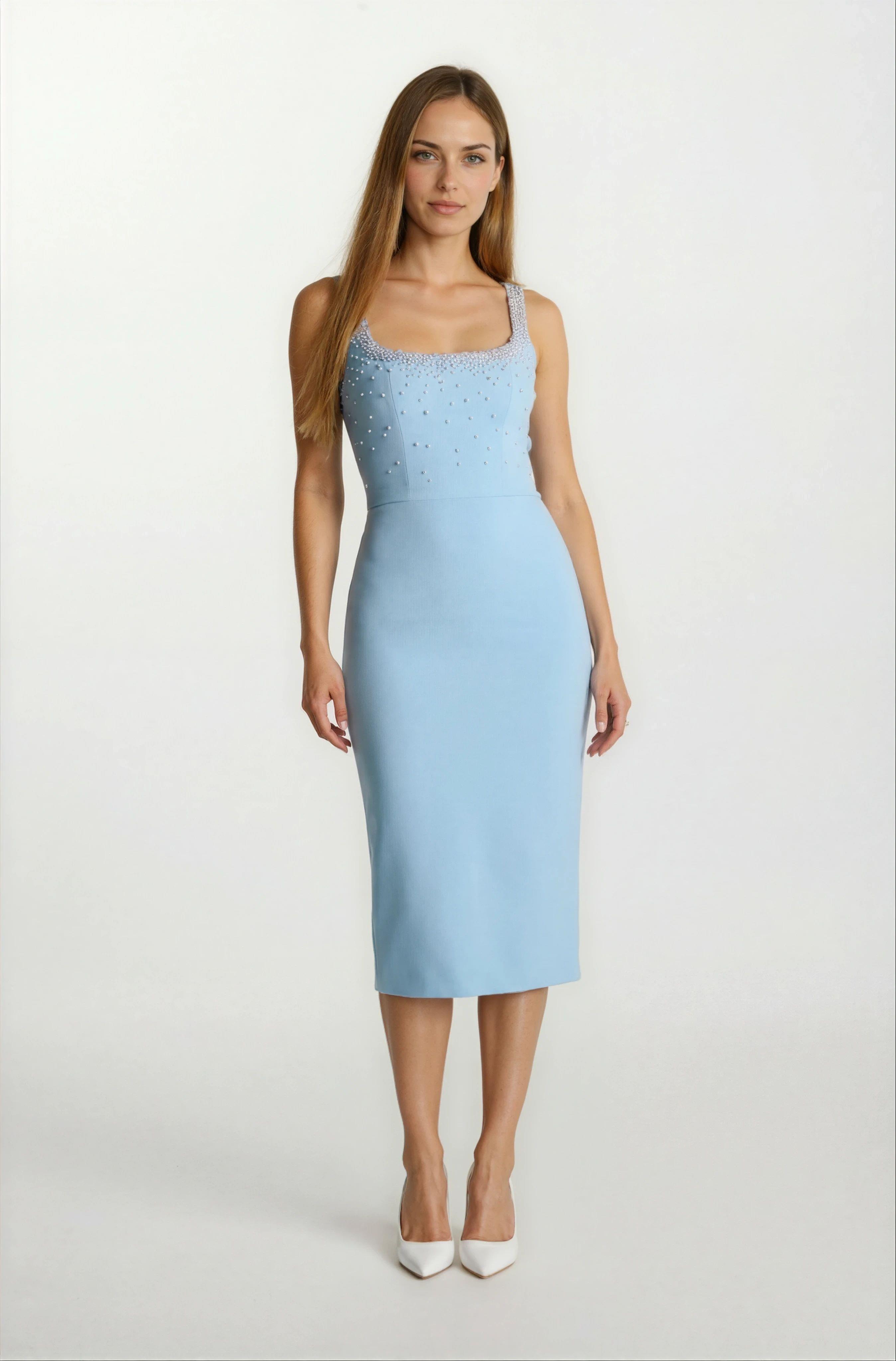 Ormilda Kare Yaka İnci İşlemeli Midi Abiye Elbise MAVİ