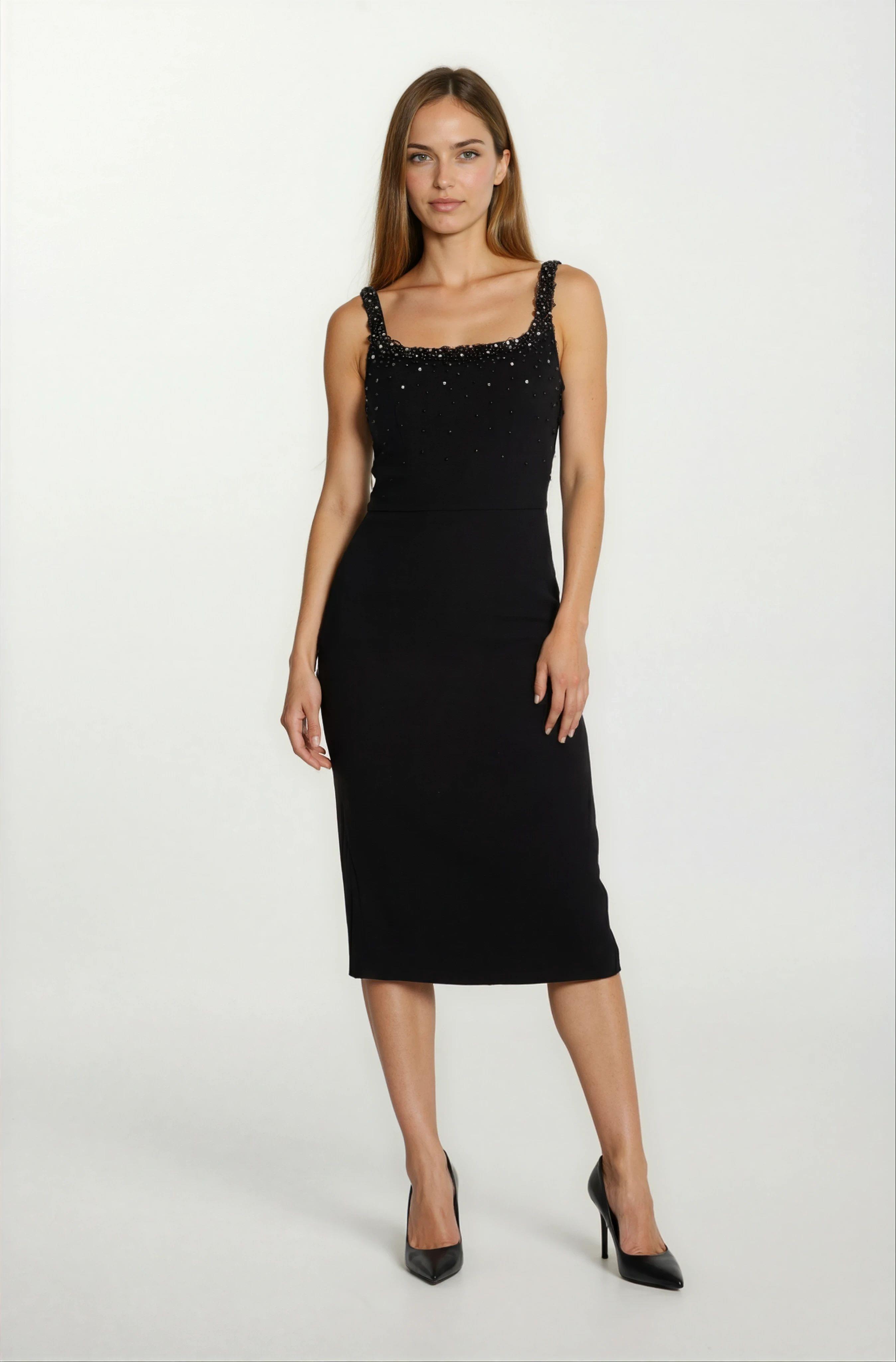 Ormilda Kare Yaka İnci İşlemeli Midi Abiye Elbise SİYAH