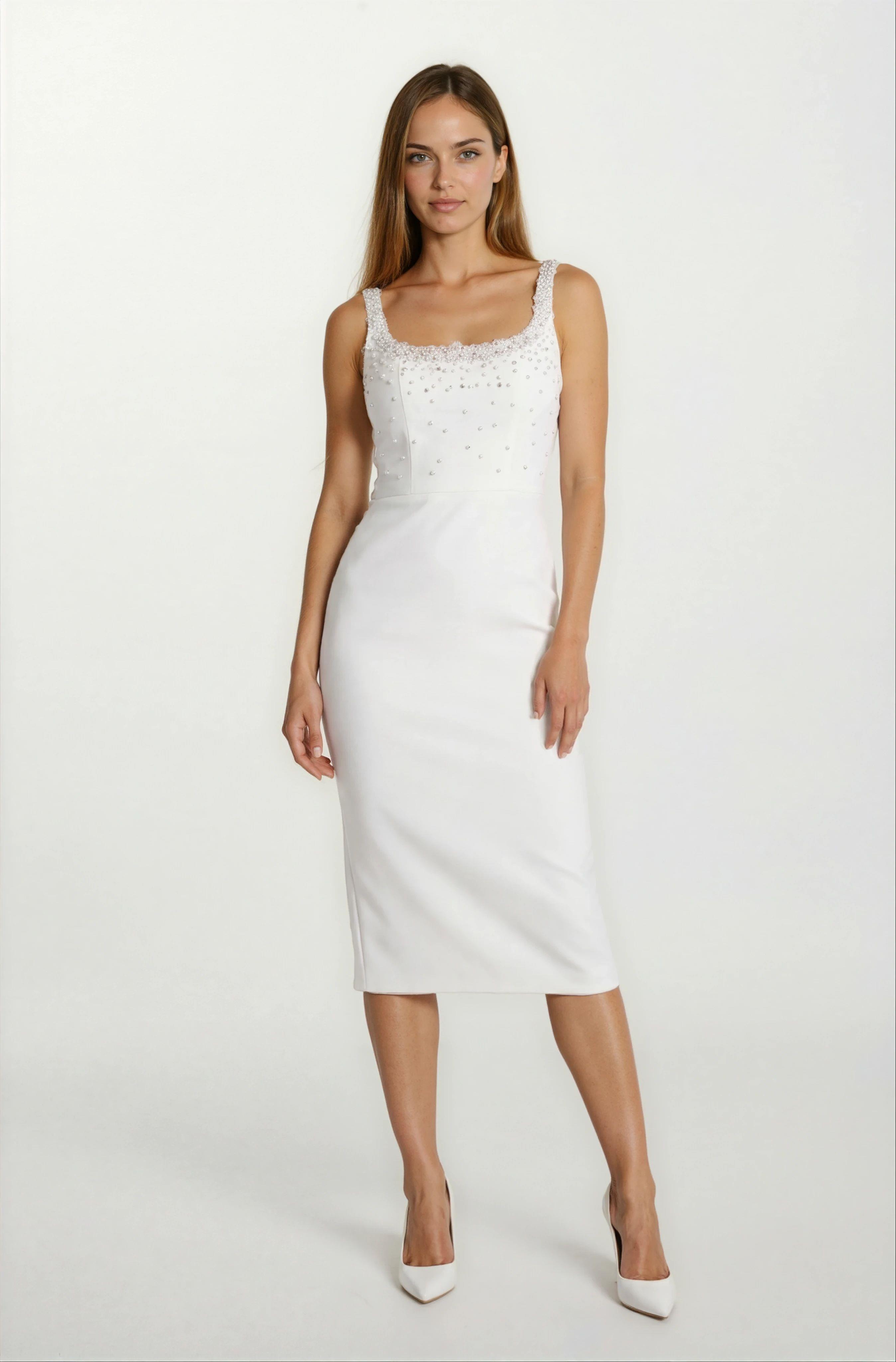 Ormilda Kare Yaka İnci İşlemeli Midi Abiye Elbise EKRU