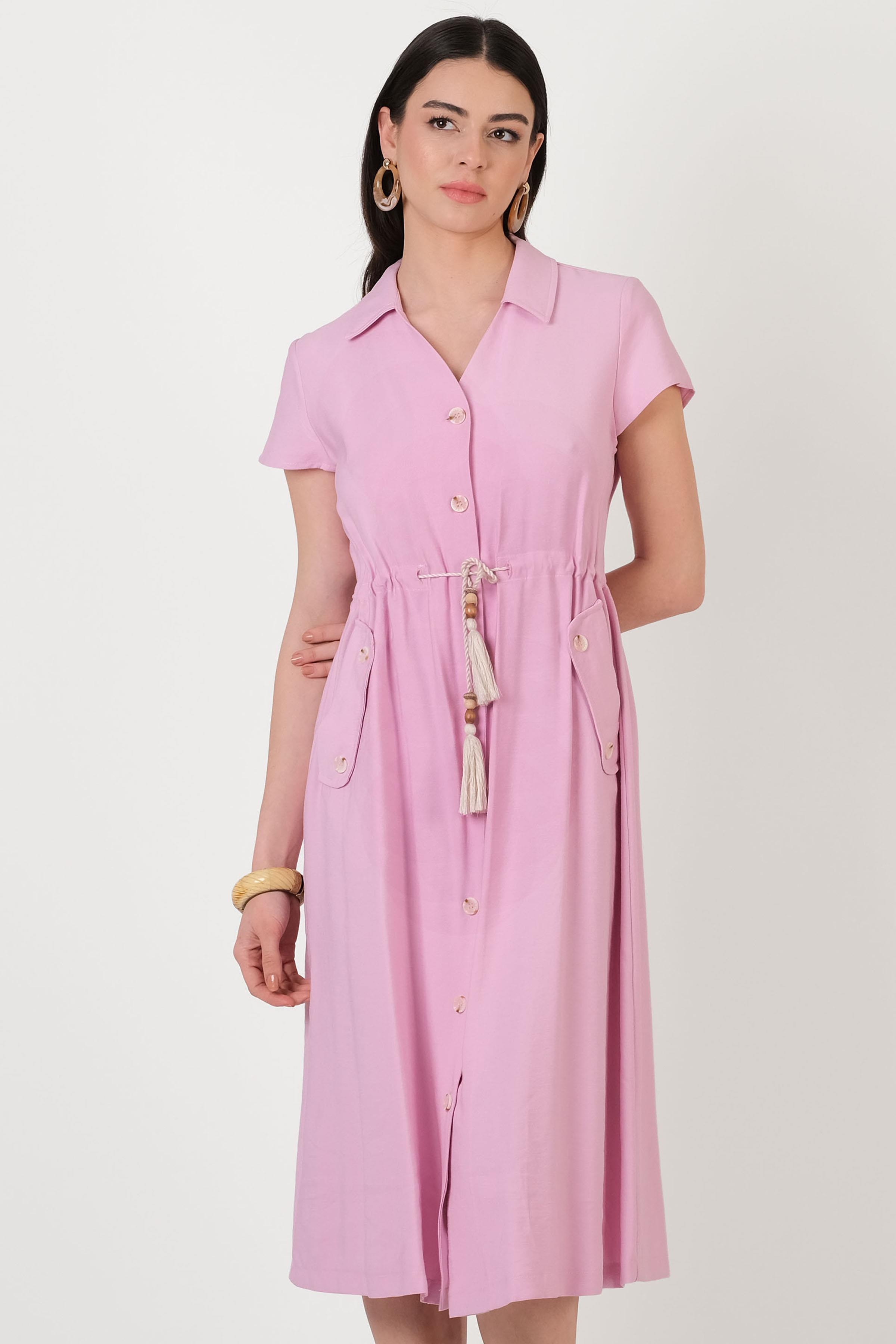 Ornaldo Gömlek Yaka Önü Boydan Düğmeli Elbise PEMBE