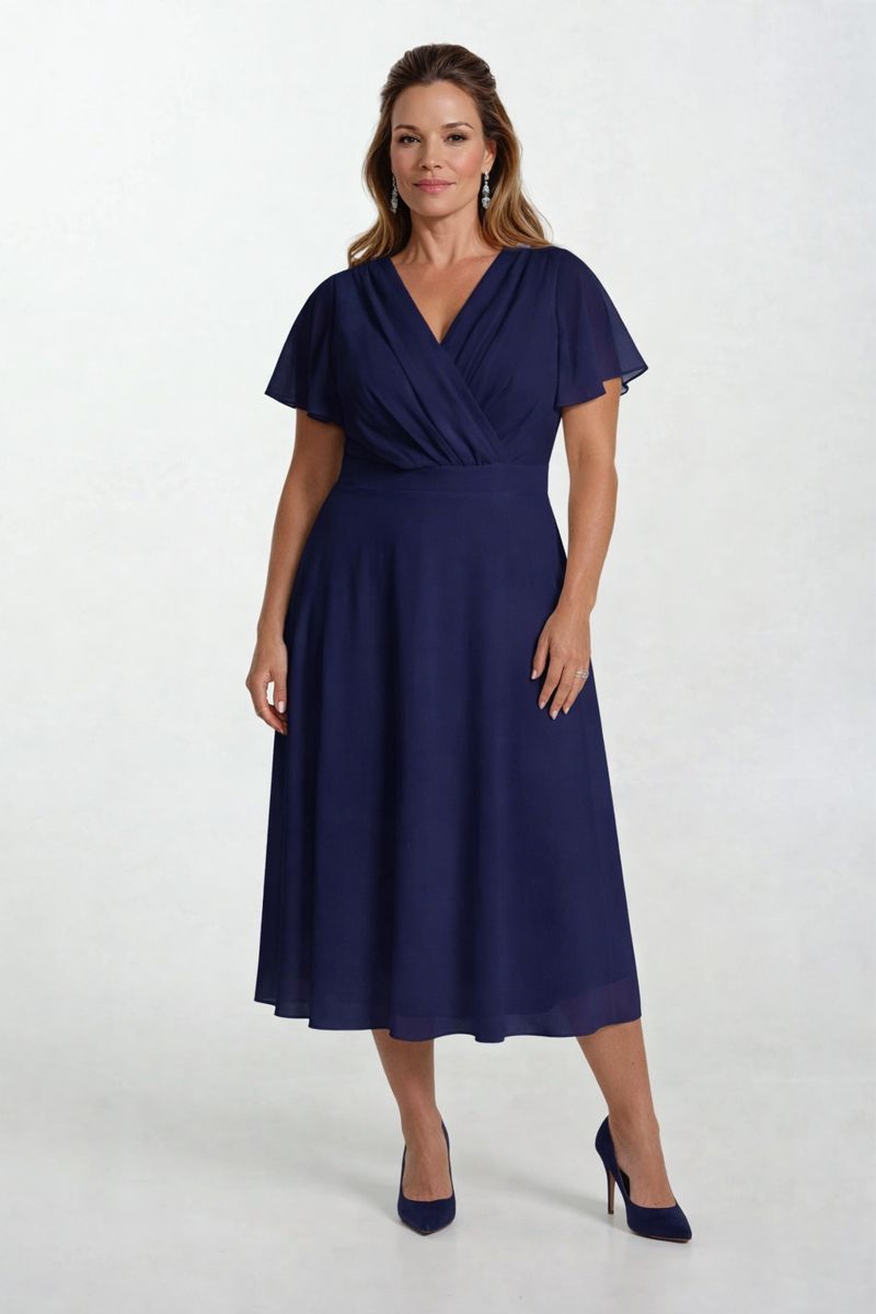 Ornato Kruvaze Yaka Kloş Midi Abiye Elbise LACİVERT