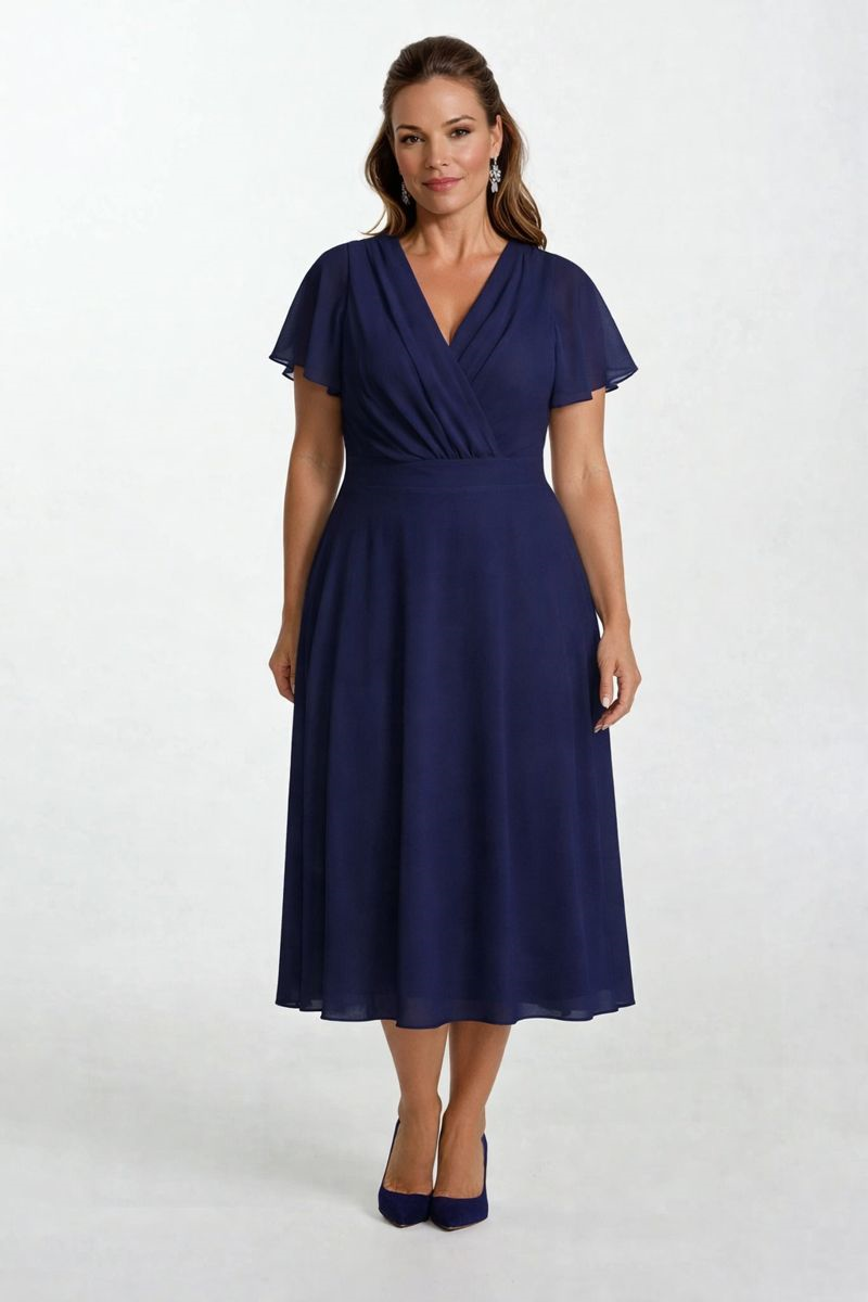 Ornato Kruvaze Yaka Kloş Midi Abiye Elbise LACİVERT