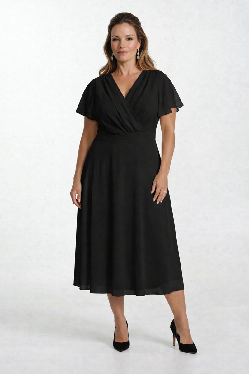 Ornato Kruvaze Yaka Kloş Midi Abiye Elbise SİYAH