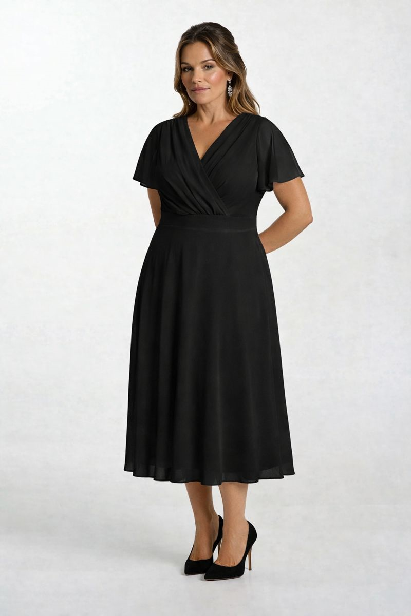 Ornato Kruvaze Yaka Kloş Midi Abiye Elbise SİYAH