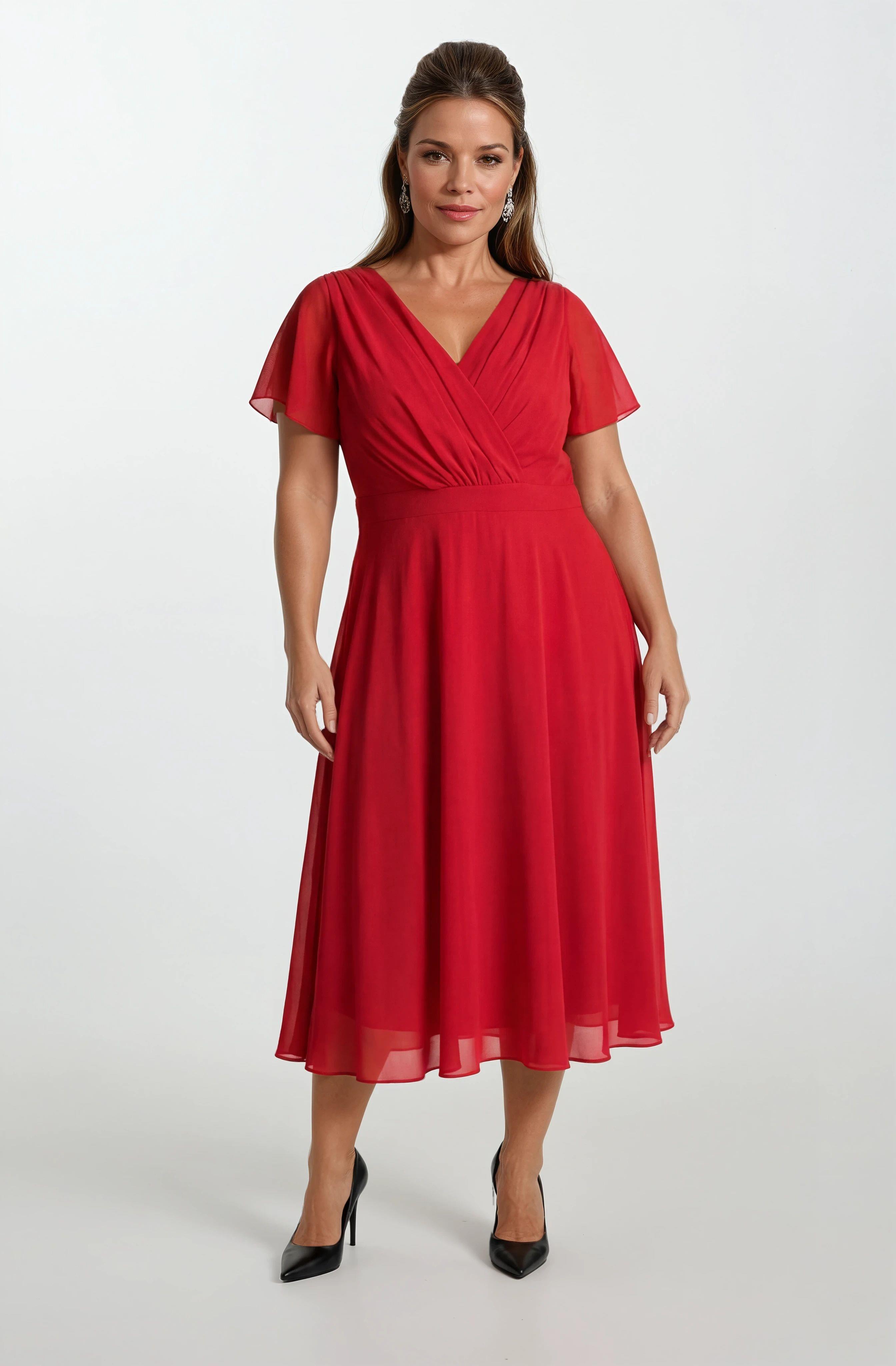 Ornato Kruvaze Yaka Kloş Midi Abiye Elbise KIRMIZI