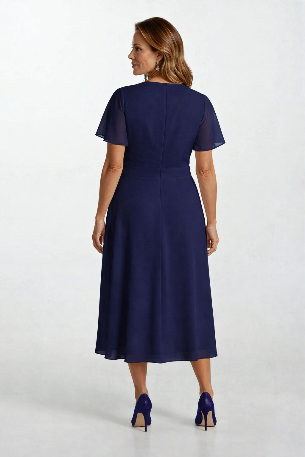 Ornato Kruvaze Yaka Kloş Midi Abiye Elbise LACİVERT
