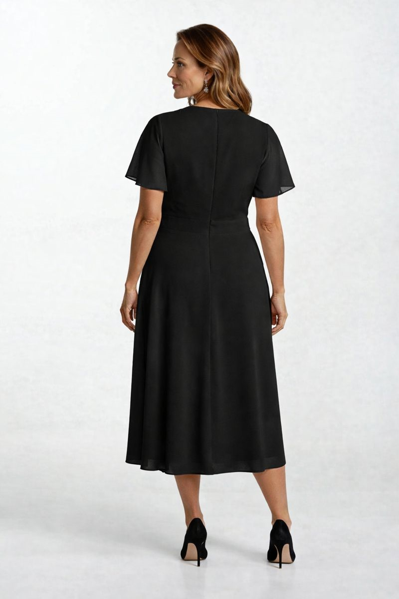 Ornato Kruvaze Yaka Kloş Midi Abiye Elbise SİYAH