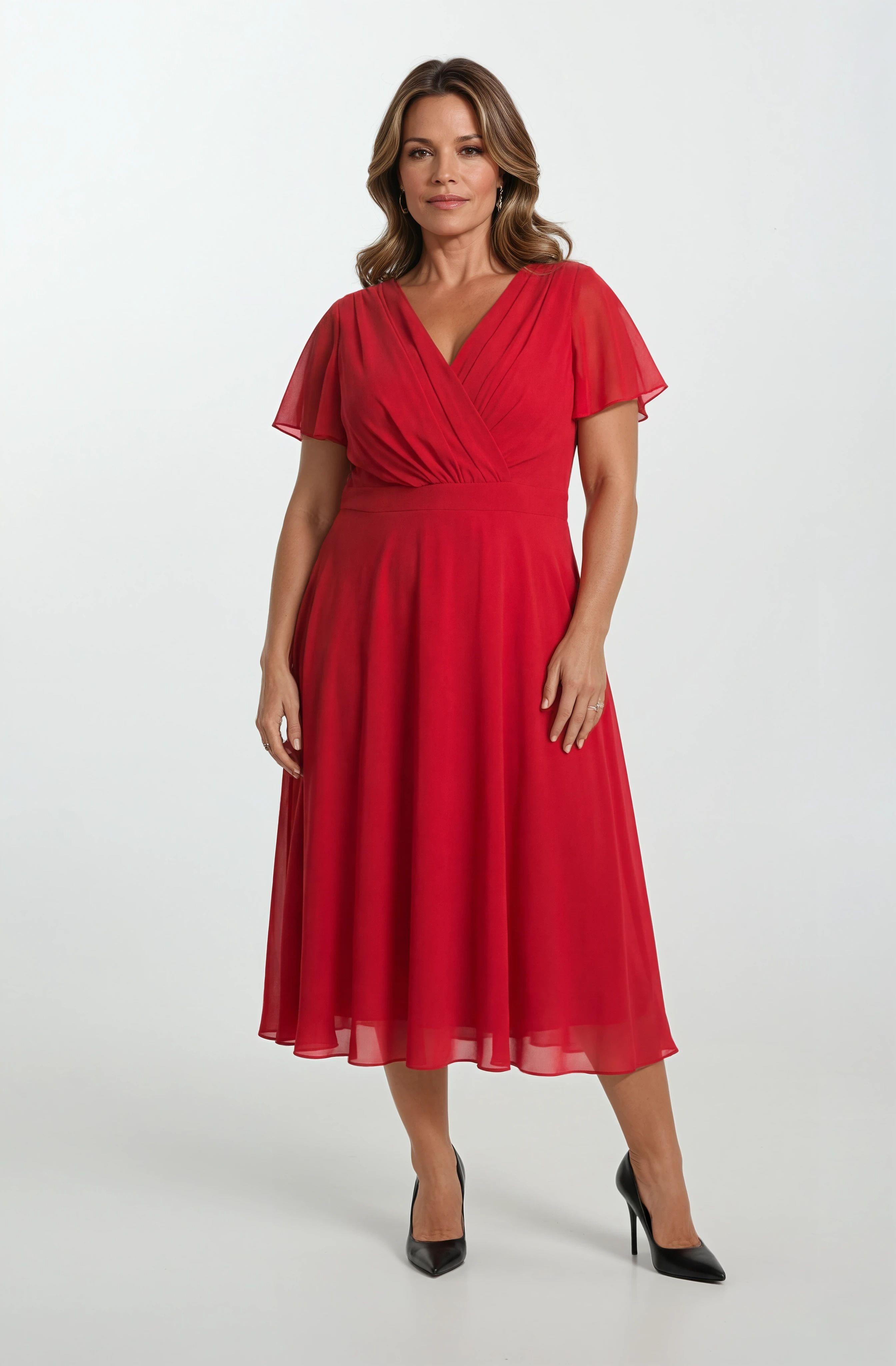 Ornato Kruvaze Yaka Kloş Midi Abiye Elbise KIRMIZI