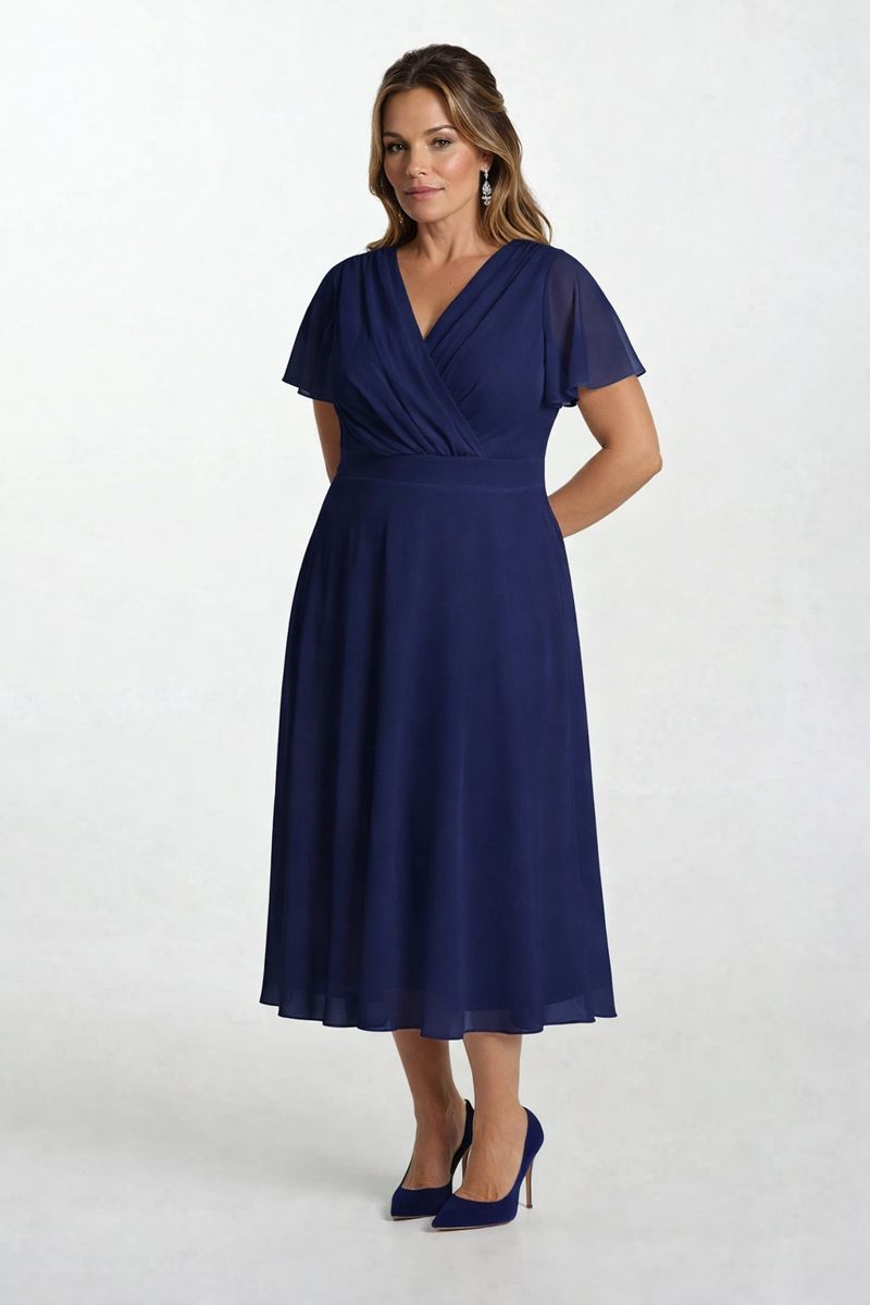 Ornato Kruvaze Yaka Kloş Midi Abiye Elbise LACİVERT