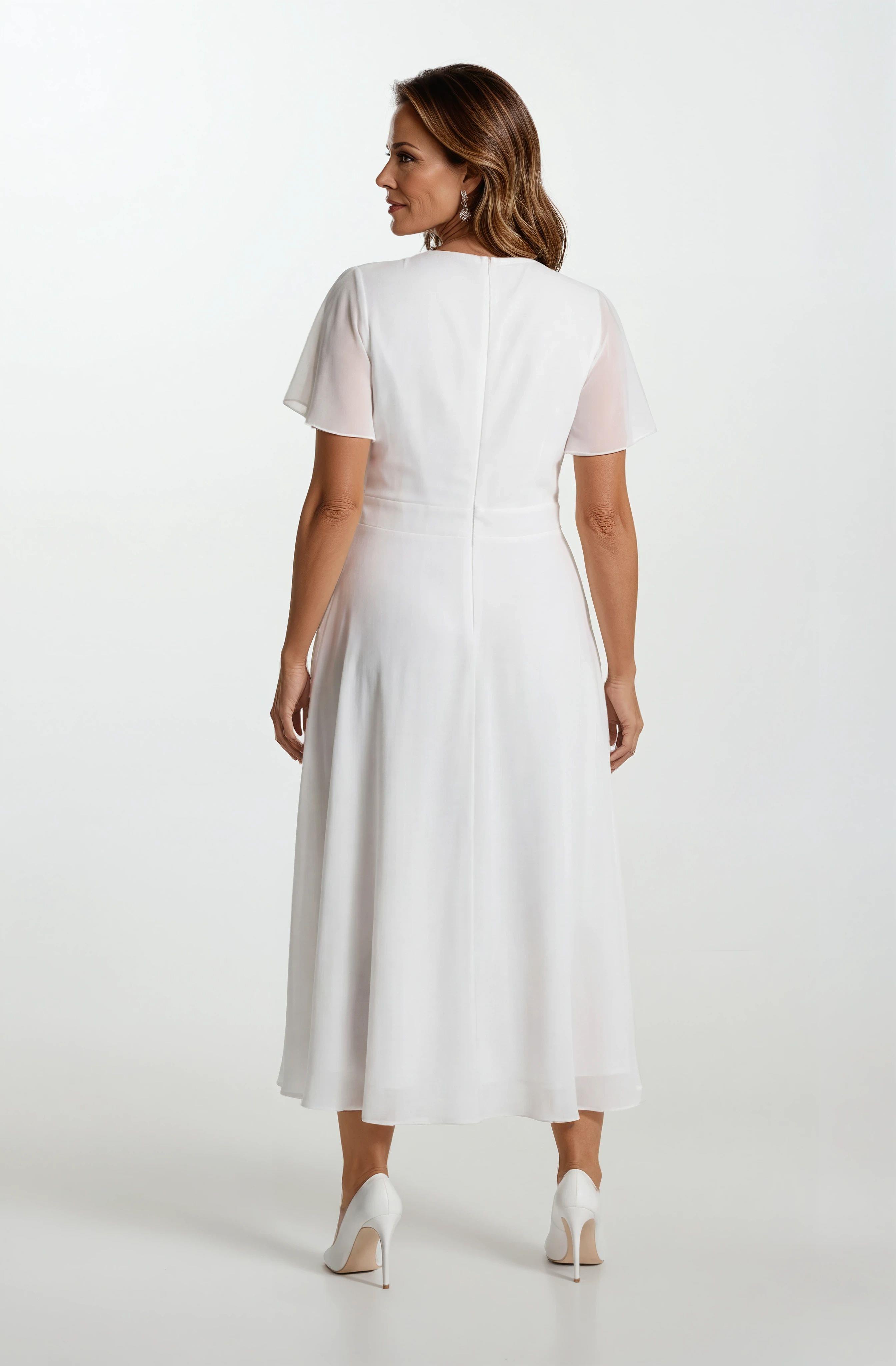 Ornato Kruvaze Yaka Kloş Midi Abiye Elbise BEYAZ