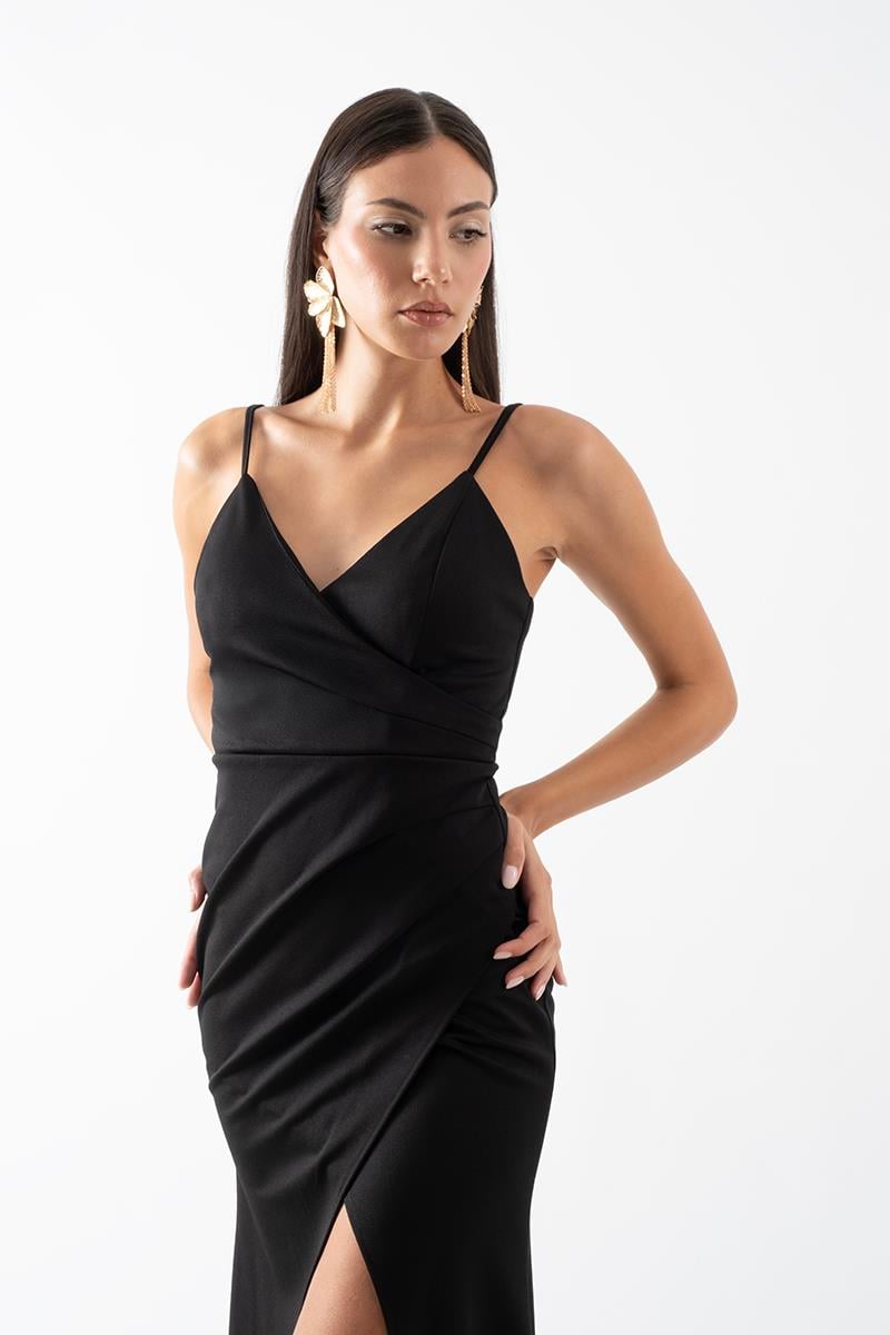 Ornelio Kruvaze Yaka İnce Askılı Asimetrik Uzun Abiye Elbise SİYAH