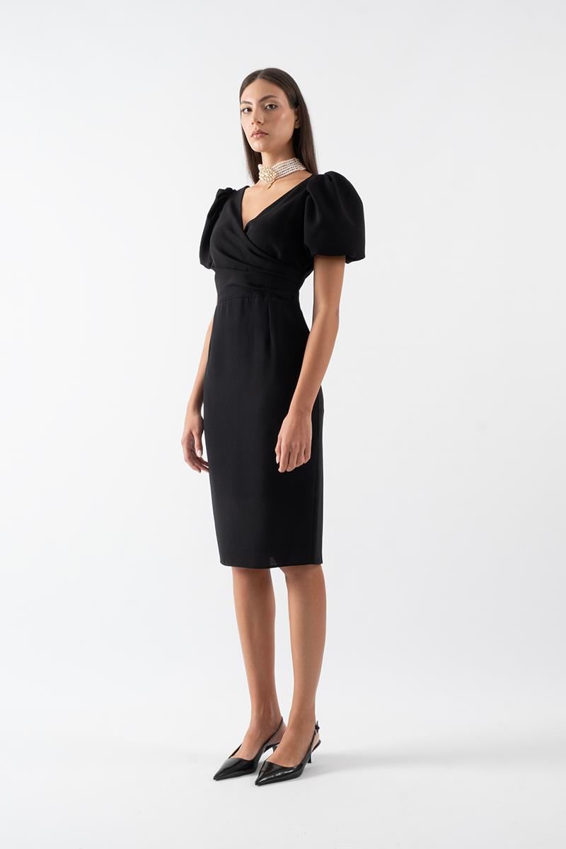 Orsoletta Kruvaze Yaka Karpuz Kol Midi Abiye Elbise SİYAH