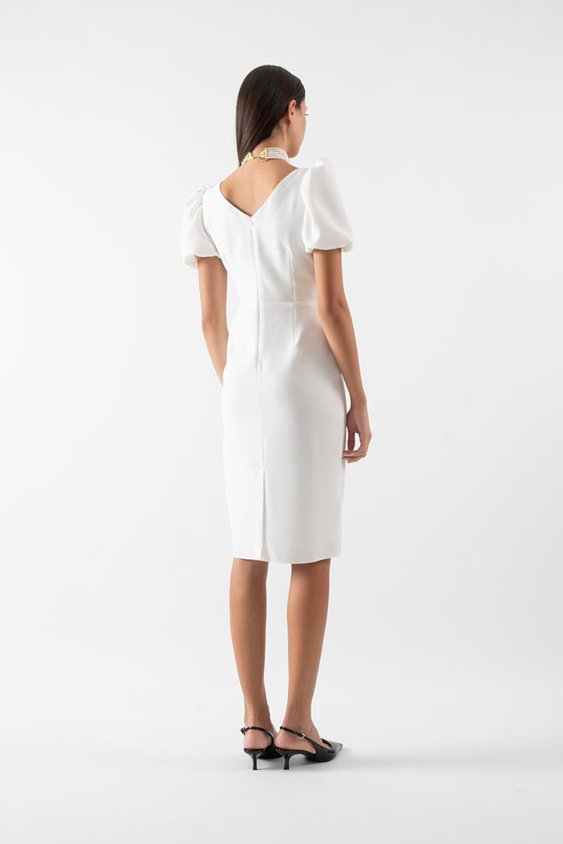 Orsoletta Kruvaze Yaka Karpuz Kol Midi Abiye Elbise BEYAZ