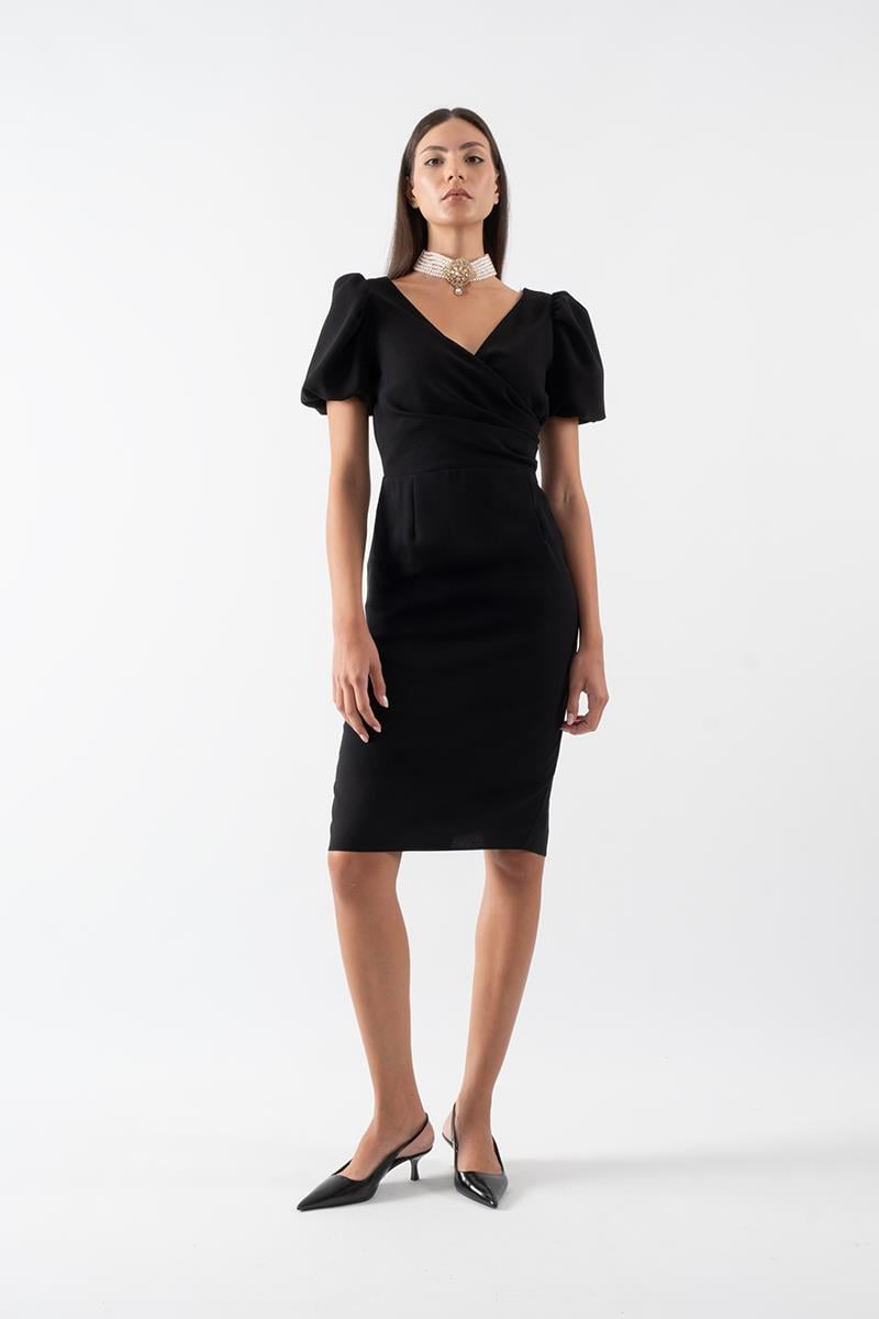 Orsoletta Kruvaze Yaka Karpuz Kol Midi Abiye Elbise SİYAH