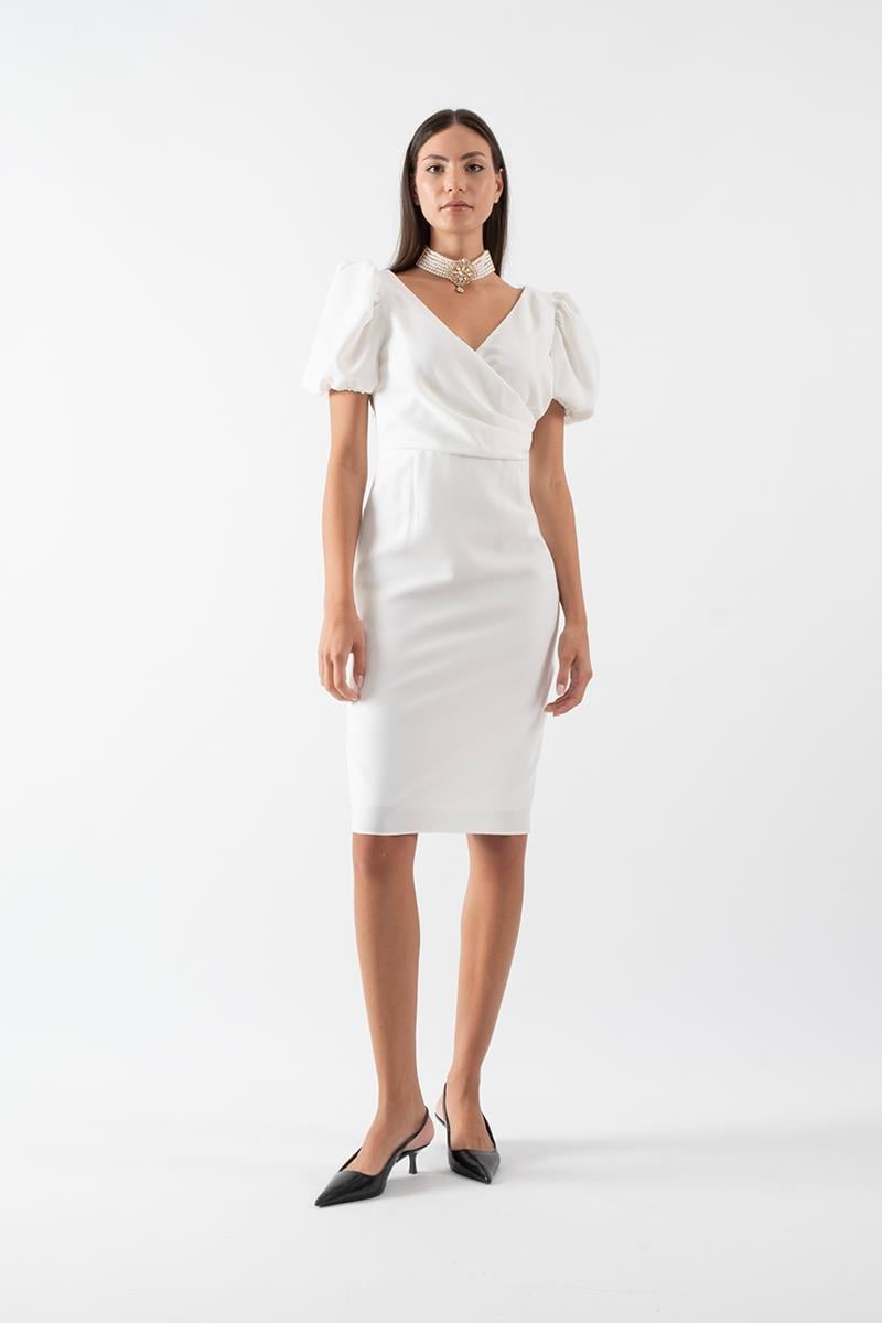 Orsoletta Kruvaze Yaka Karpuz Kol Midi Abiye Elbise BEYAZ