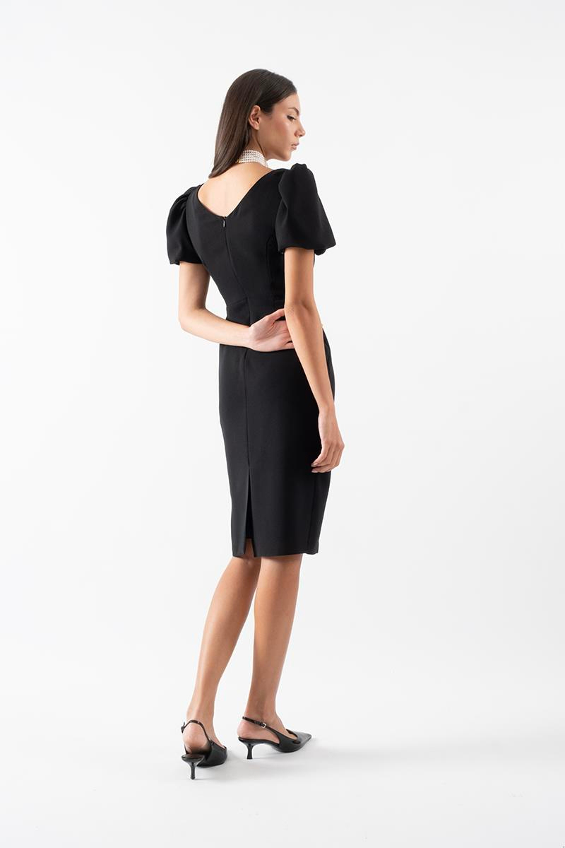 Orsoletta Kruvaze Yaka Karpuz Kol Midi Abiye Elbise SİYAH