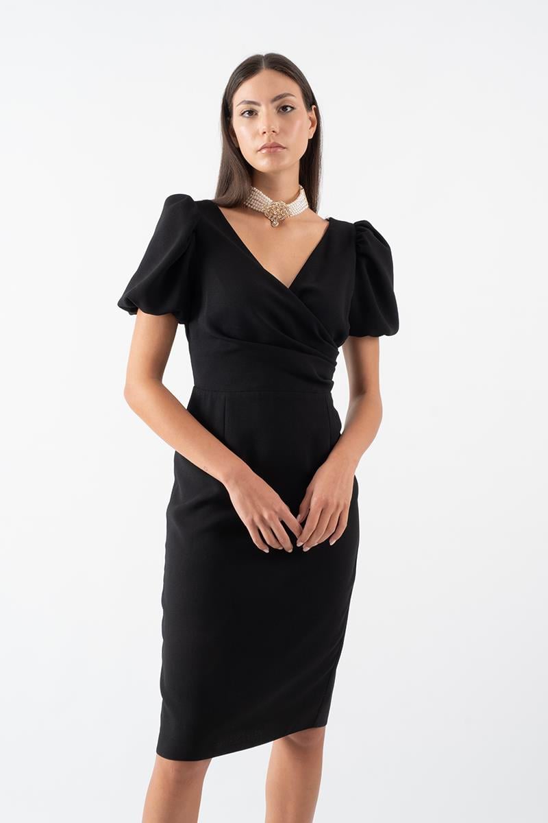 Orsoletta Kruvaze Yaka Karpuz Kol Midi Abiye Elbise SİYAH
