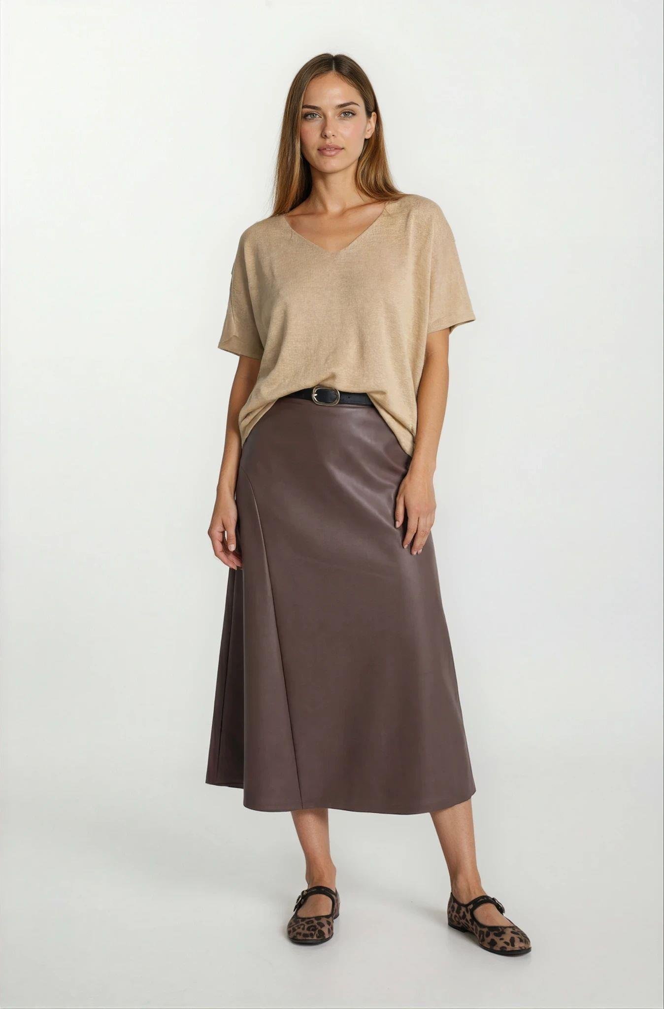 Ortemio Parçalı Kemerli Deri Etek KAHVE