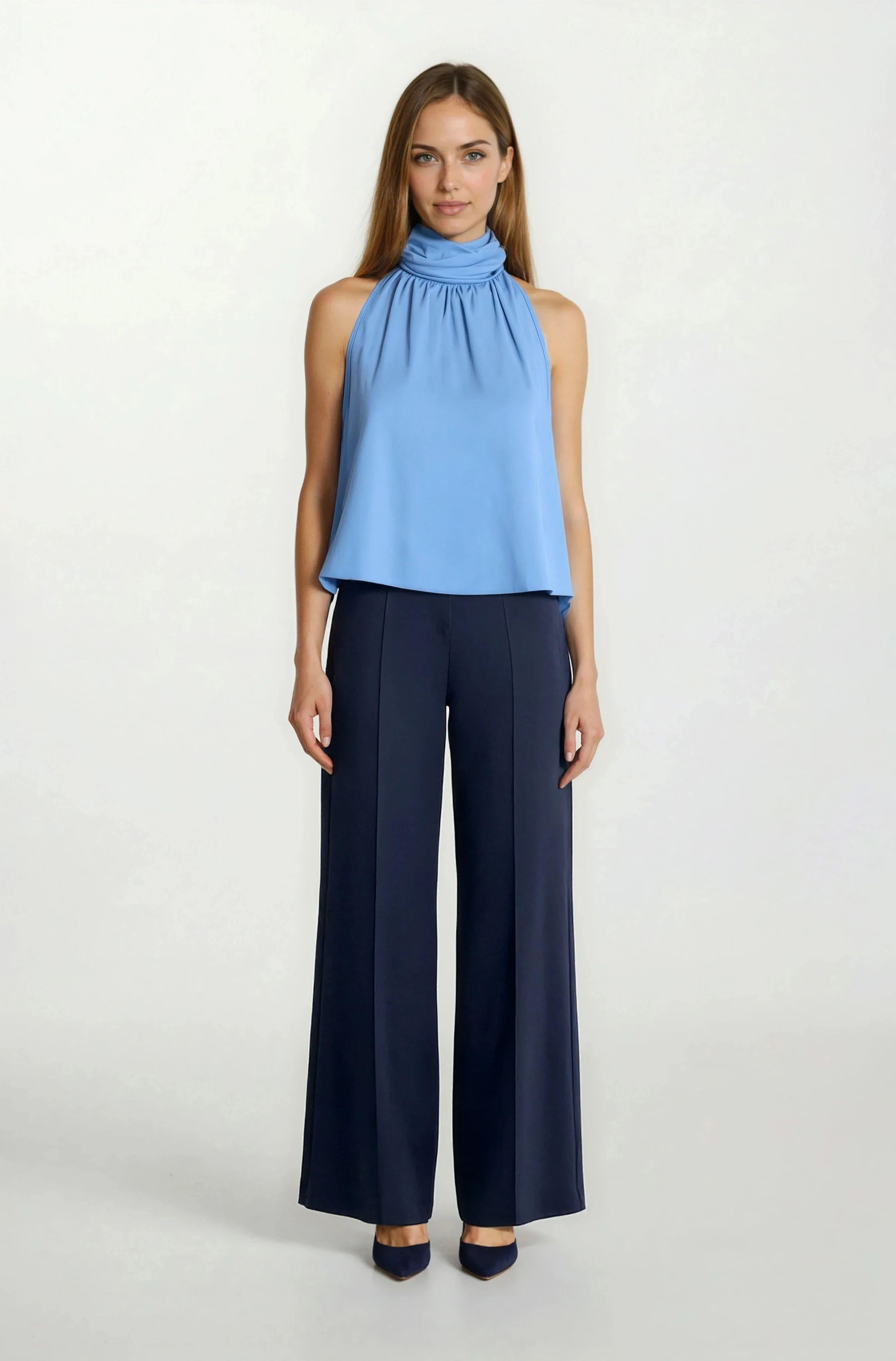 Osmelia Dik Yaka Kolsuz Bluz MAVİ