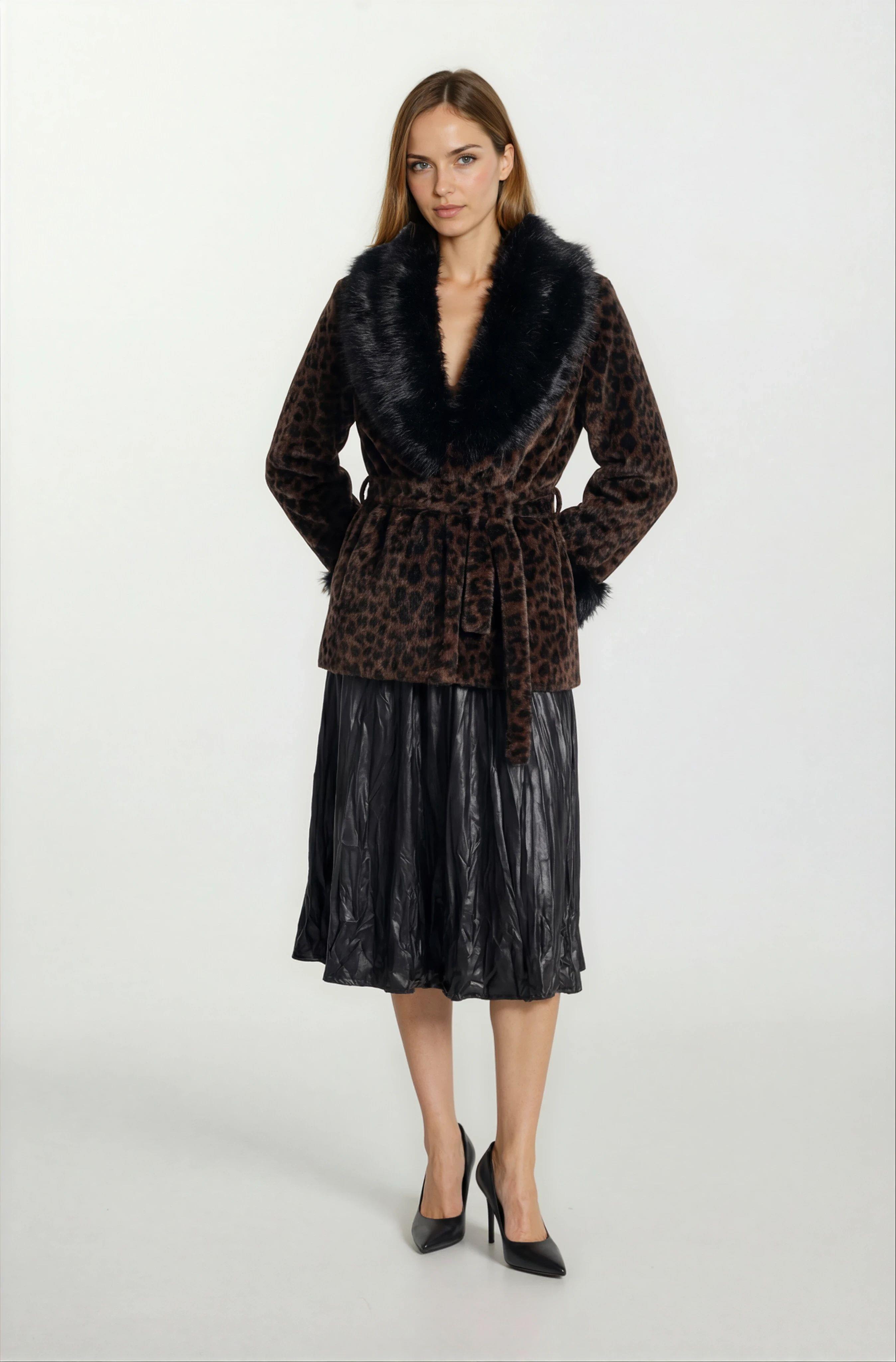 Ostensio Kruvaze Yakası Kolları Kürklü Kaban KAHVE