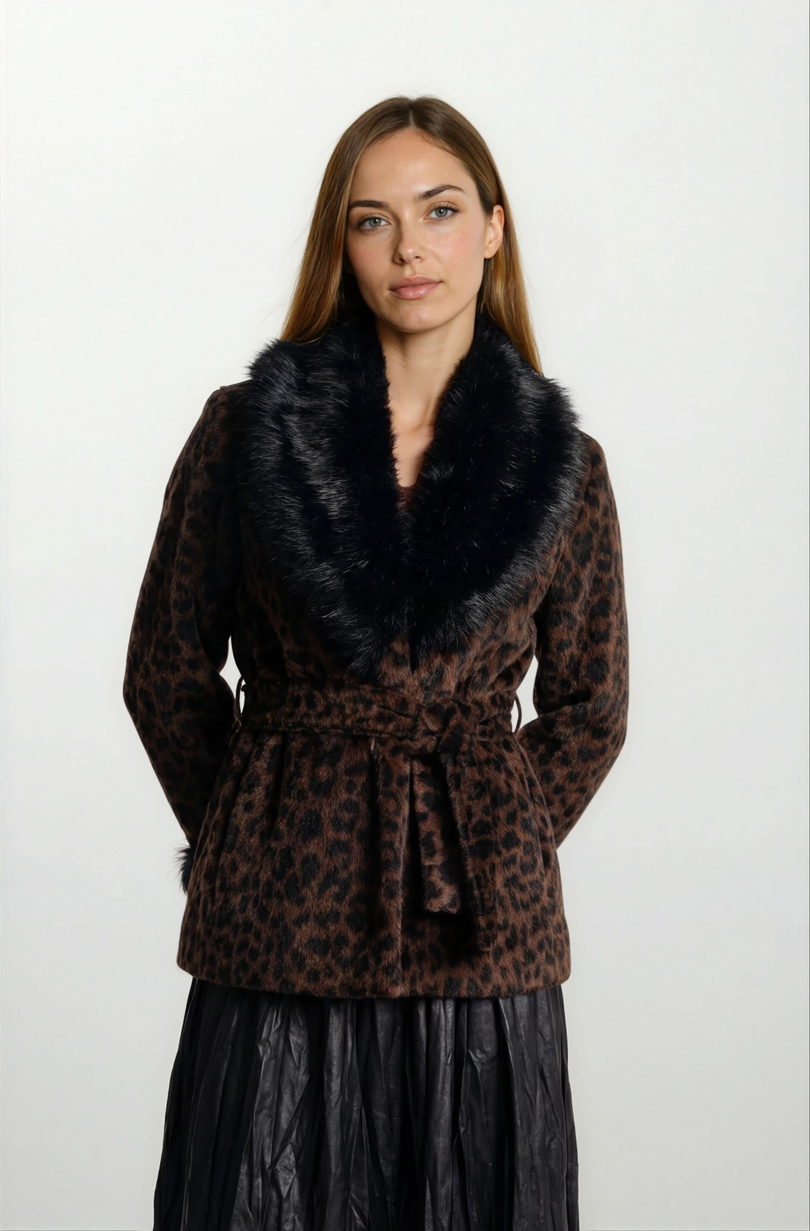 Ostensio Kruvaze Yakası Kolları Kürklü Kaban KAHVE