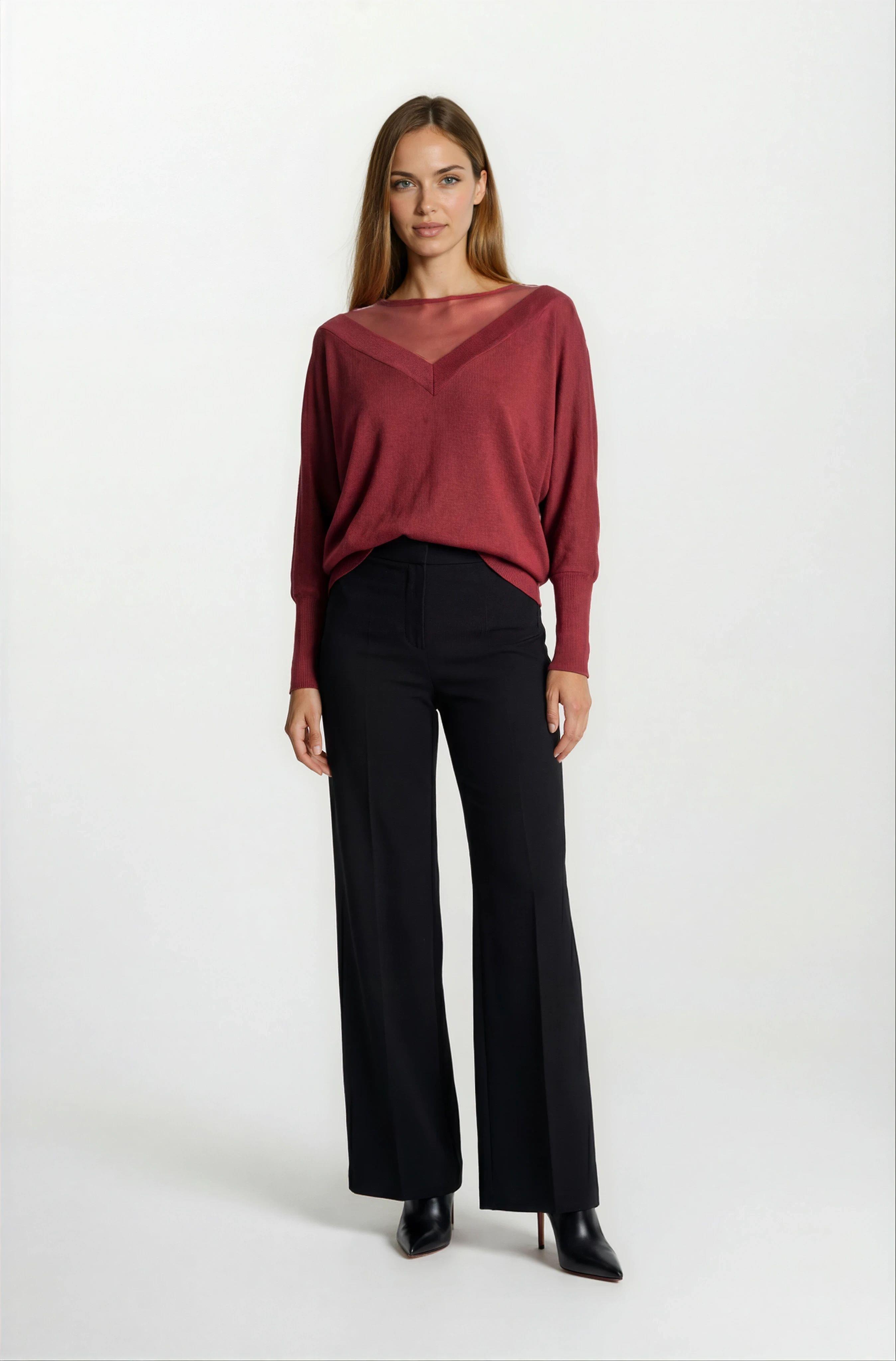 Osvaldino Bisiklet Tül Yaka Ön Arka V Yarasa Kol Triko BORDO