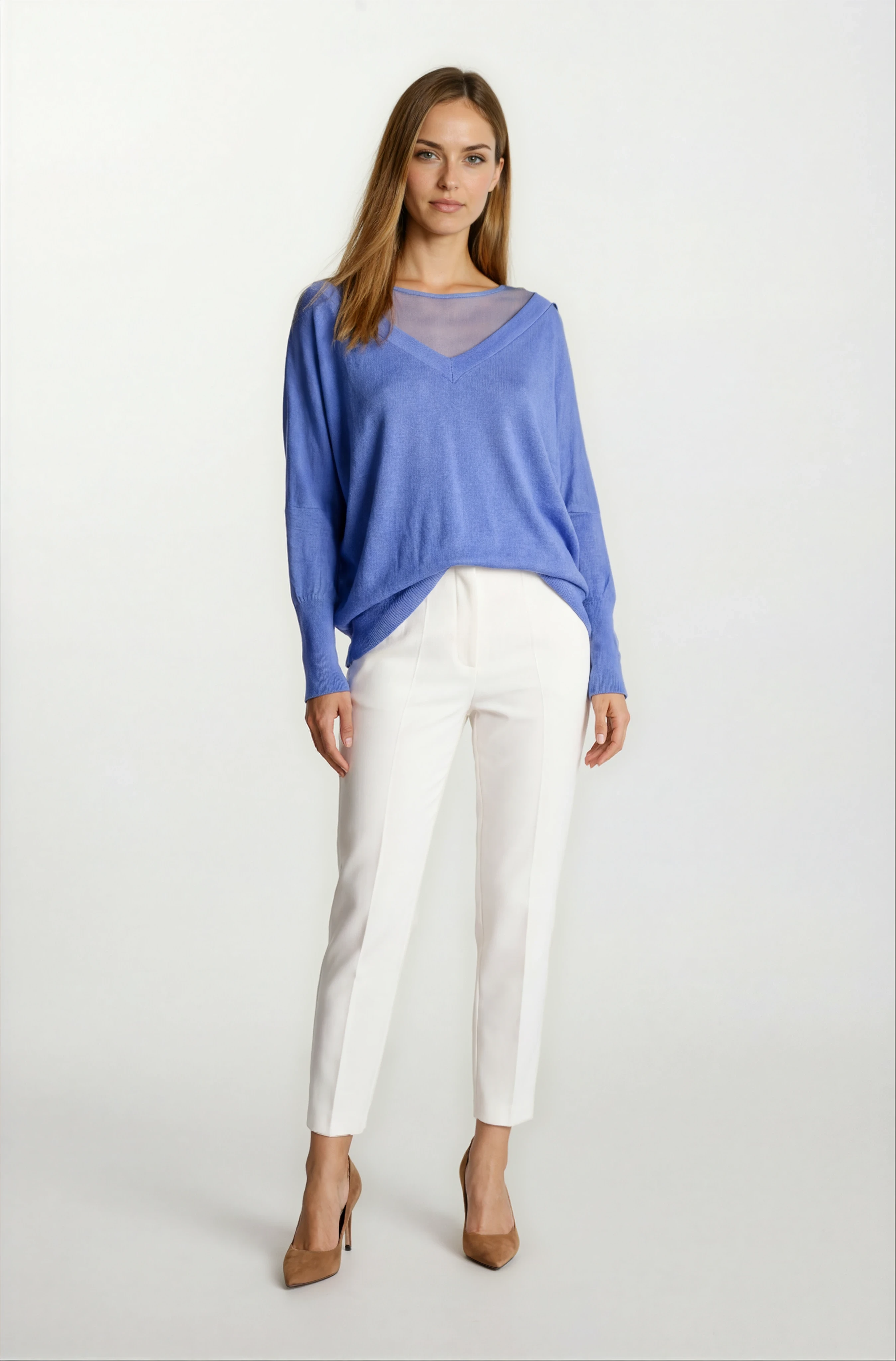 Osvaldino Bisiklet Tül Yaka Ön Arka V Yarasa Kol Triko İNDİGO